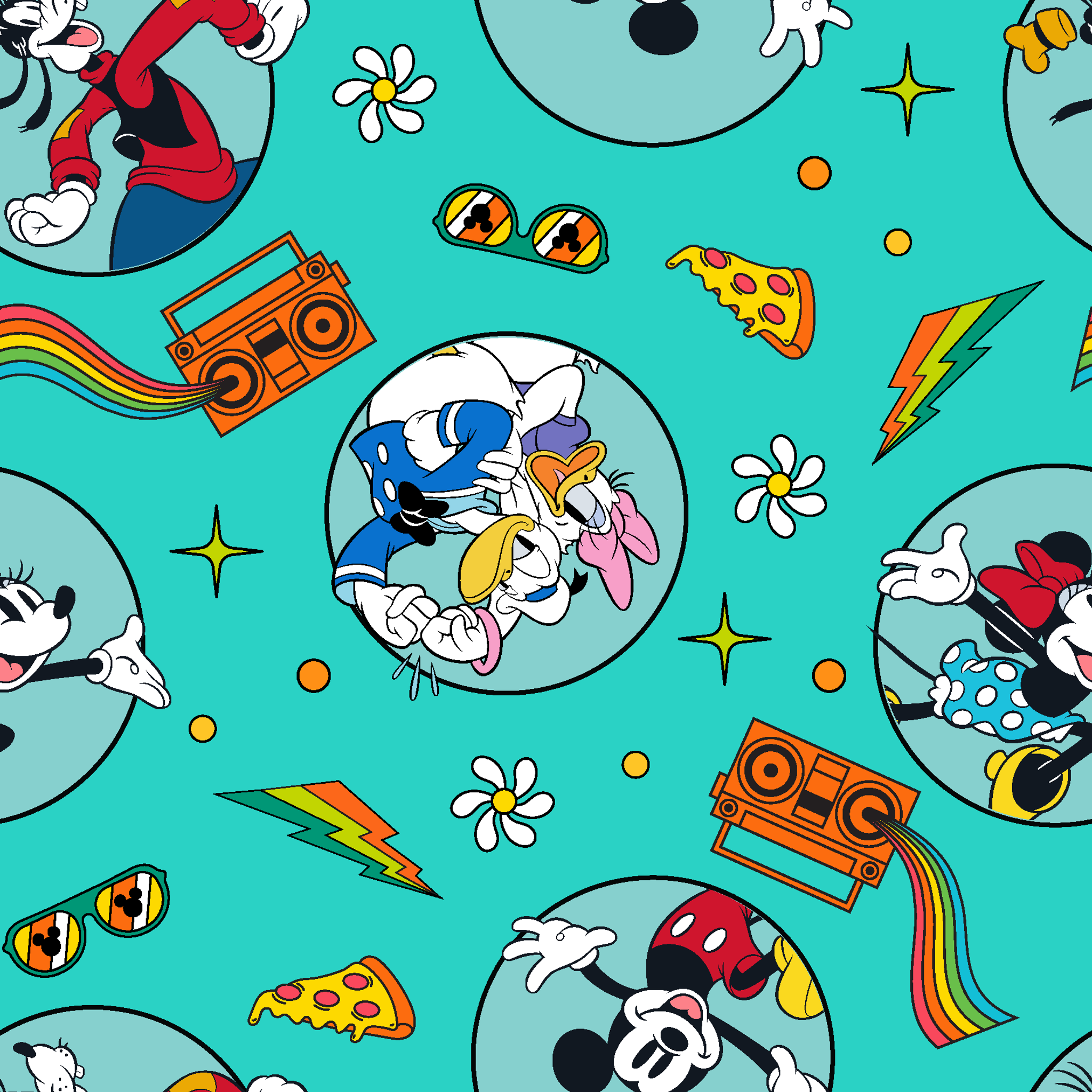 Colorful Mickey Mouse and friends pattern with pizza, boomboxes, sunglasses on teal background tiled preview square