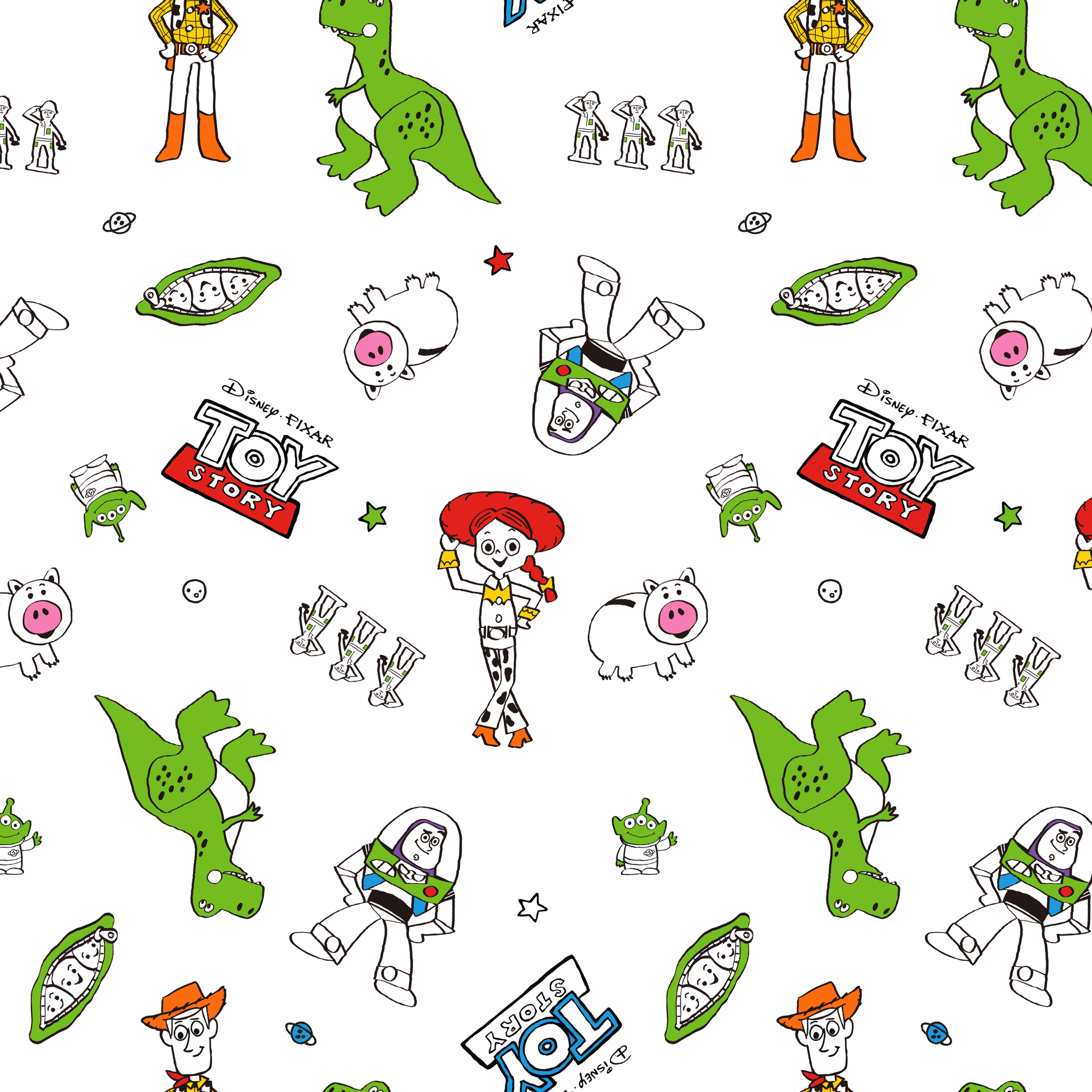 Toy Story pattern with Rex, Buzz, Woody, and alien characters scattered on white background tiled preview square