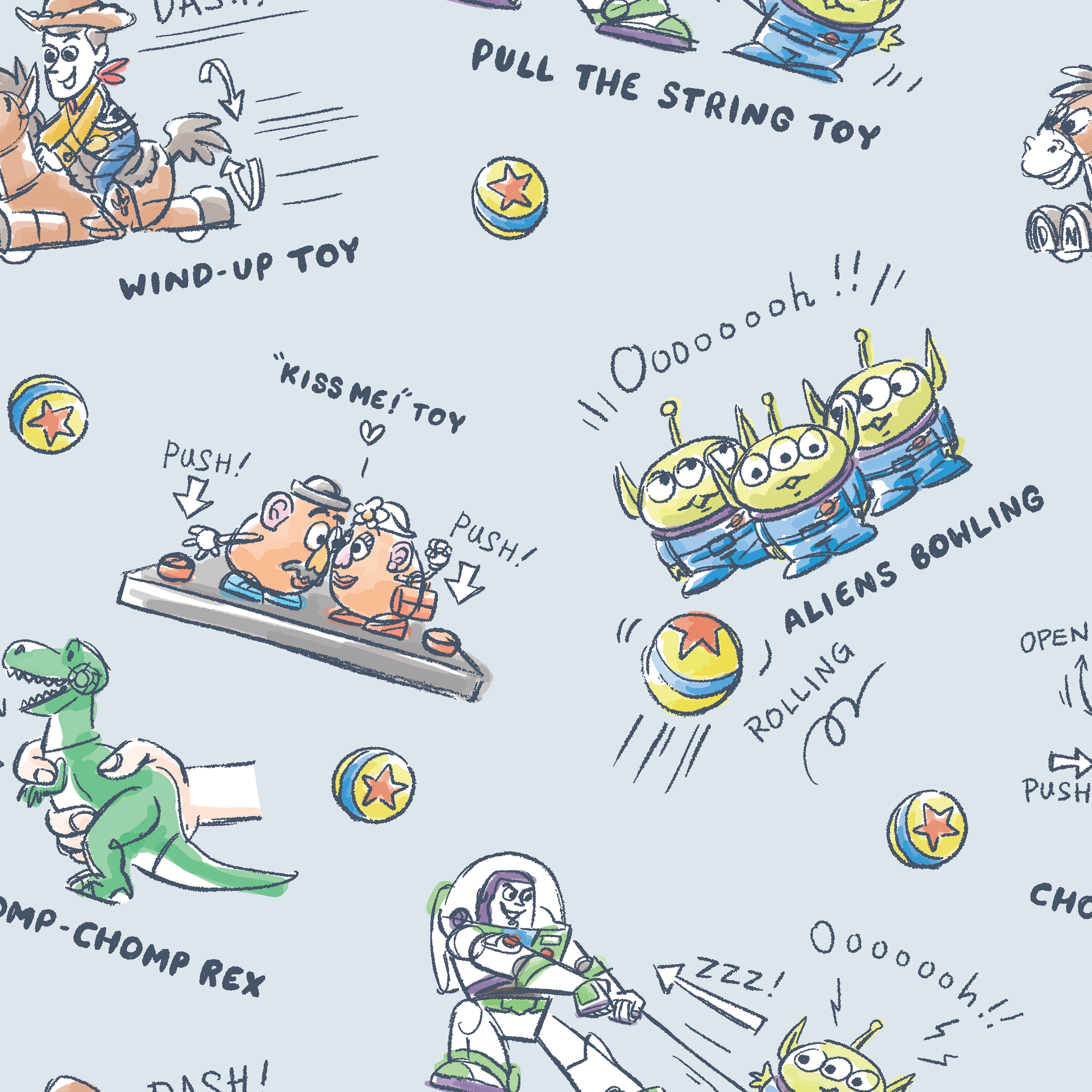 Illustrated Toy Story character designs showing wind-up, pull string, and action toys on light blue background tiled preview square