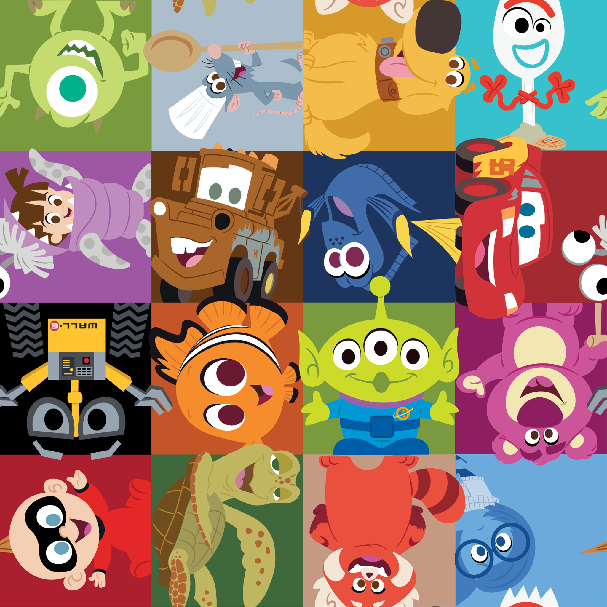 Grid of stylized Disney/Pixar characters including Mike Wazowski, Nemo, Wall-E, Lightning McQueen, Dory, and others in colorful squares tiled preview square
