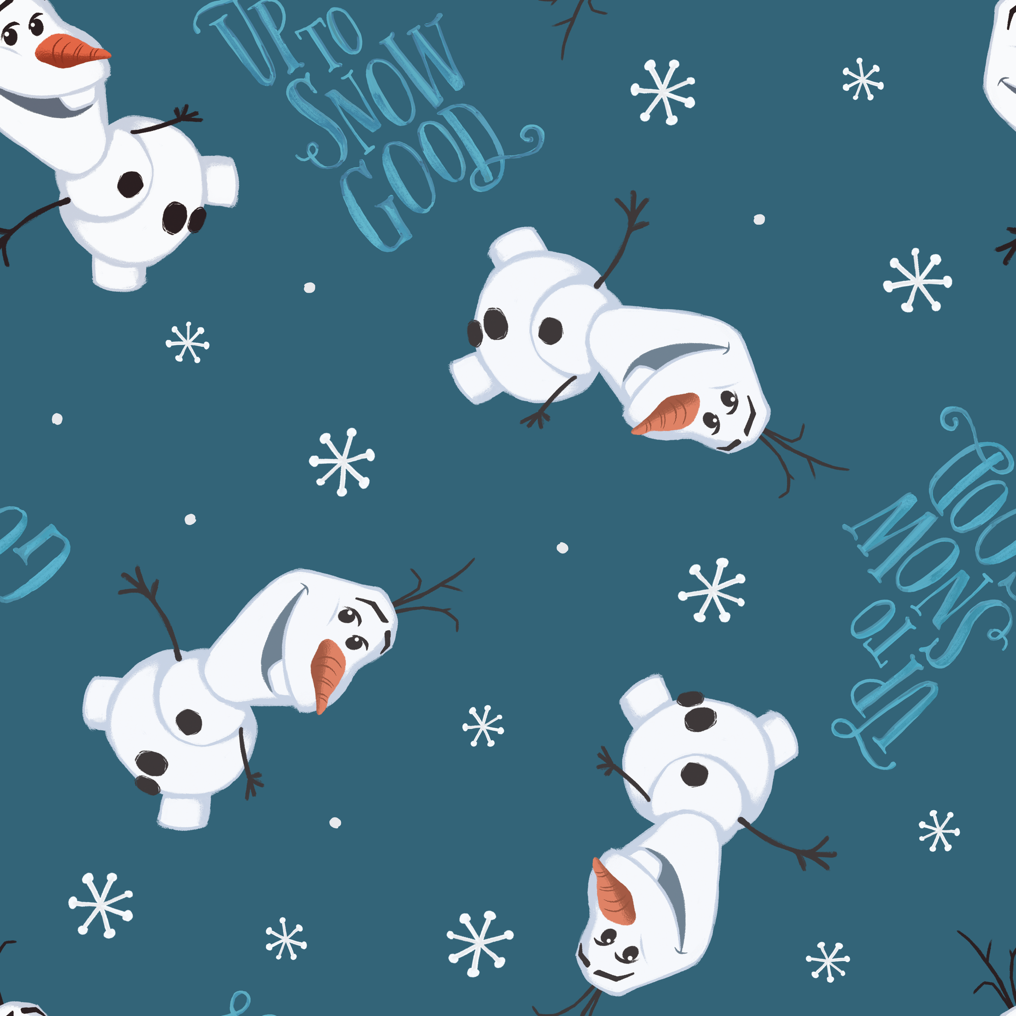 Playful Olaf  pattern with "Let It Snow" text on teal background with snowflakes tiled preview square