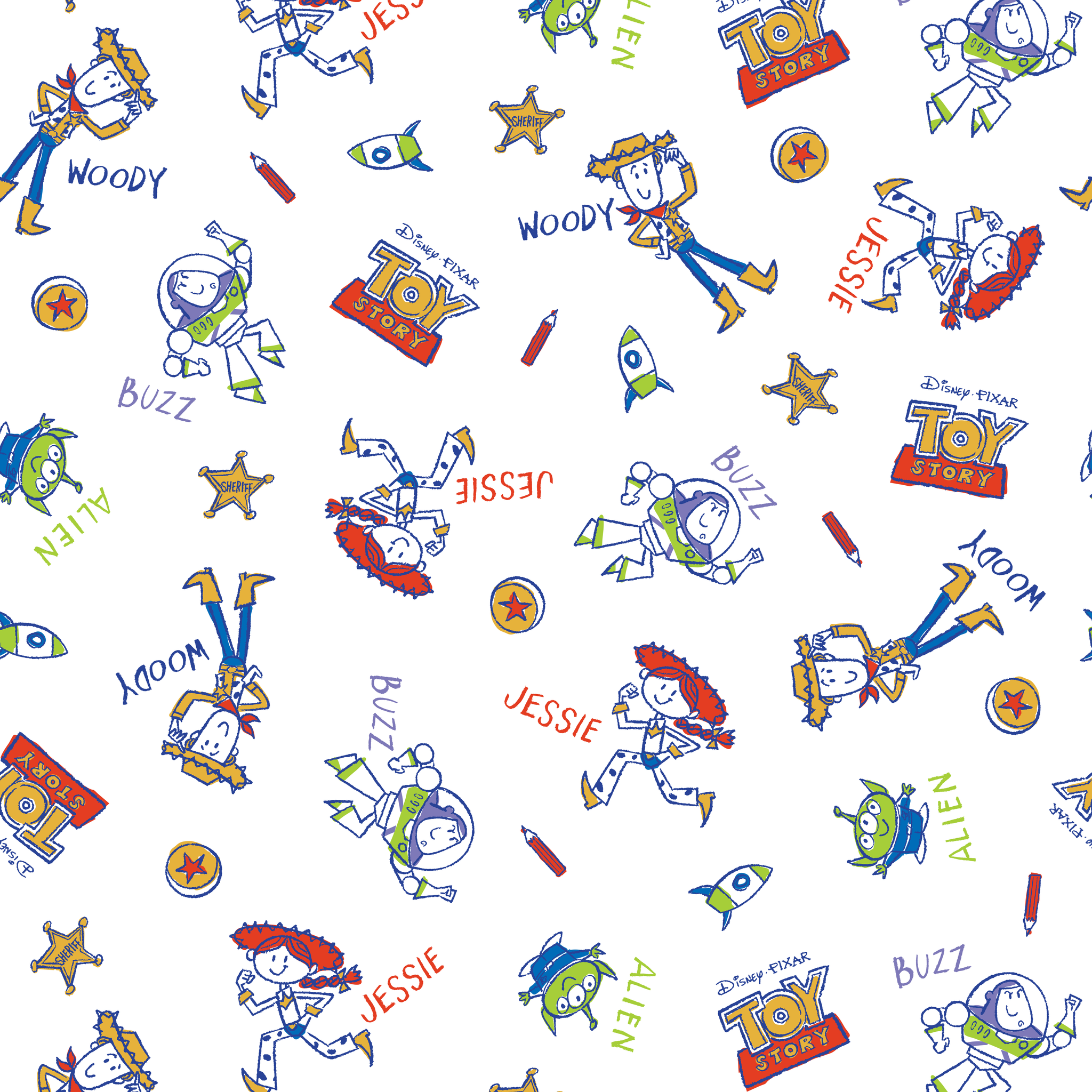 Toy Story pattern with Buzz Lightyear and Woody characters, stars, and spaceships on white background tiled preview square