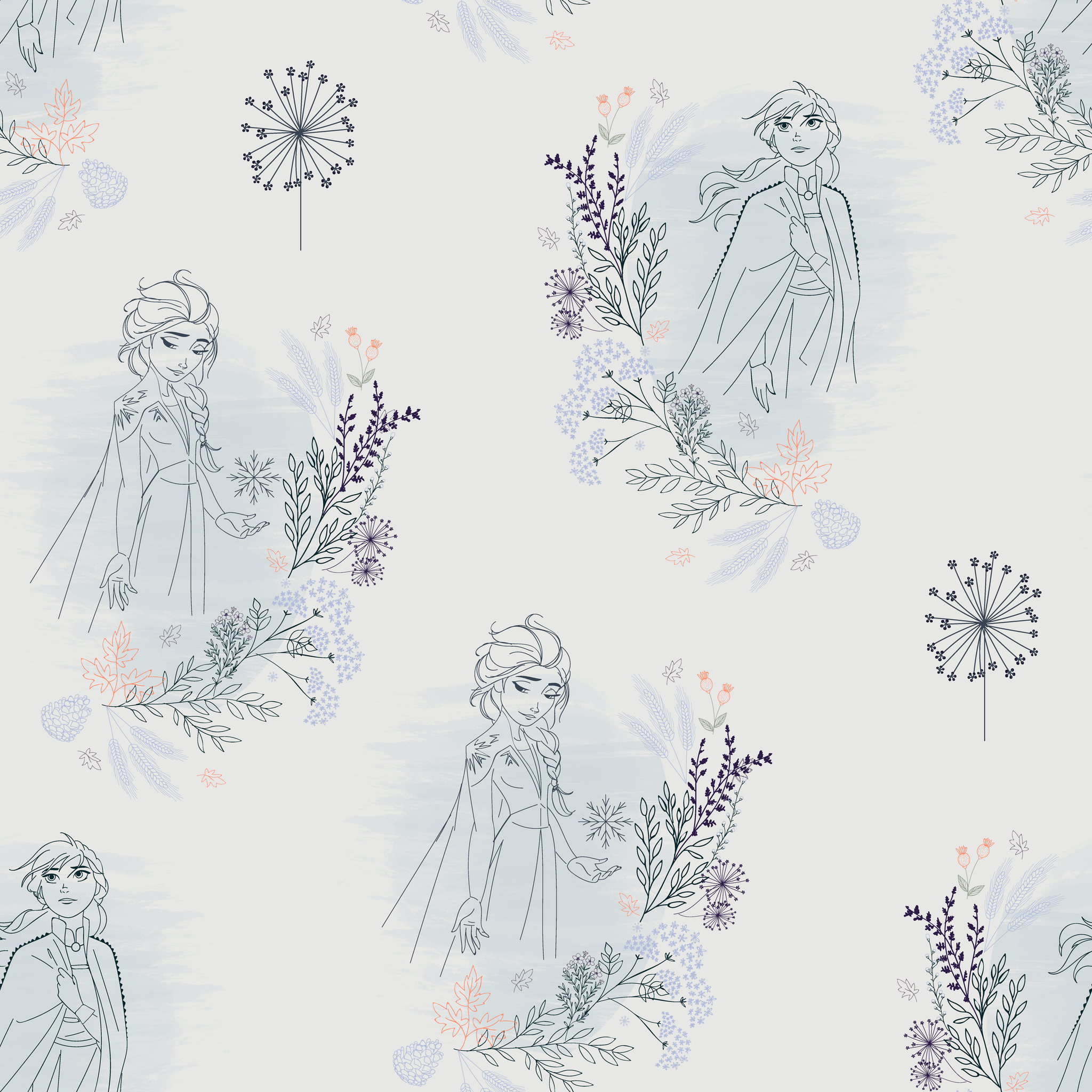 Delicate blue pattern featuring Frozen's Elsa and Anna surrounded by floral elements and dandelions on a light background tiled preview square