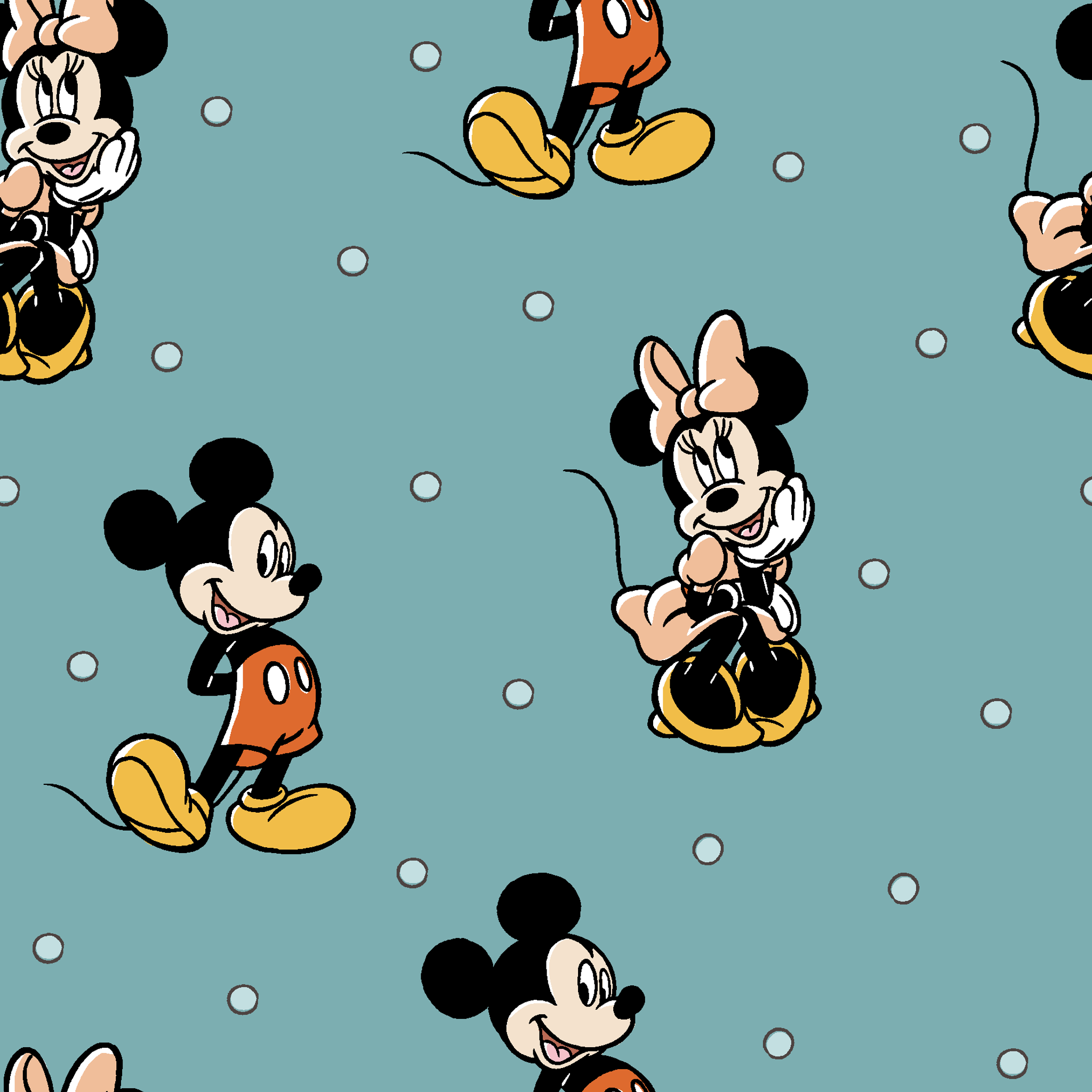 Cartoon pattern of Mickey and Minnie Mouse characters on light blue background with white dots tiled preview square