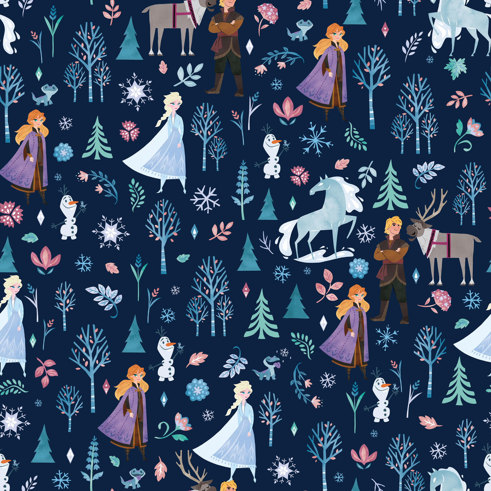 Illustrated Frozen pattern with Elsa, Anna, & friends, and floral elements on dark blue background tiled preview square