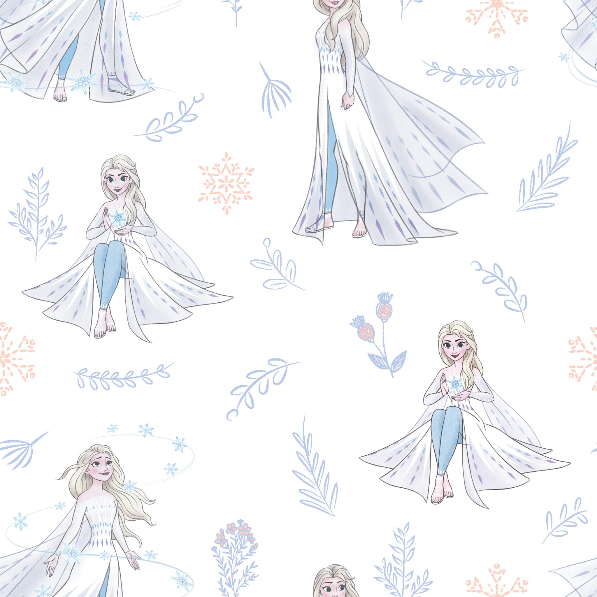 The image shows a decorative pattern featuringFrozen's Elsa, surrounded by delicate snowflakes, leaves, and floral elements in soft pastel colors on a light background. tiled preview square