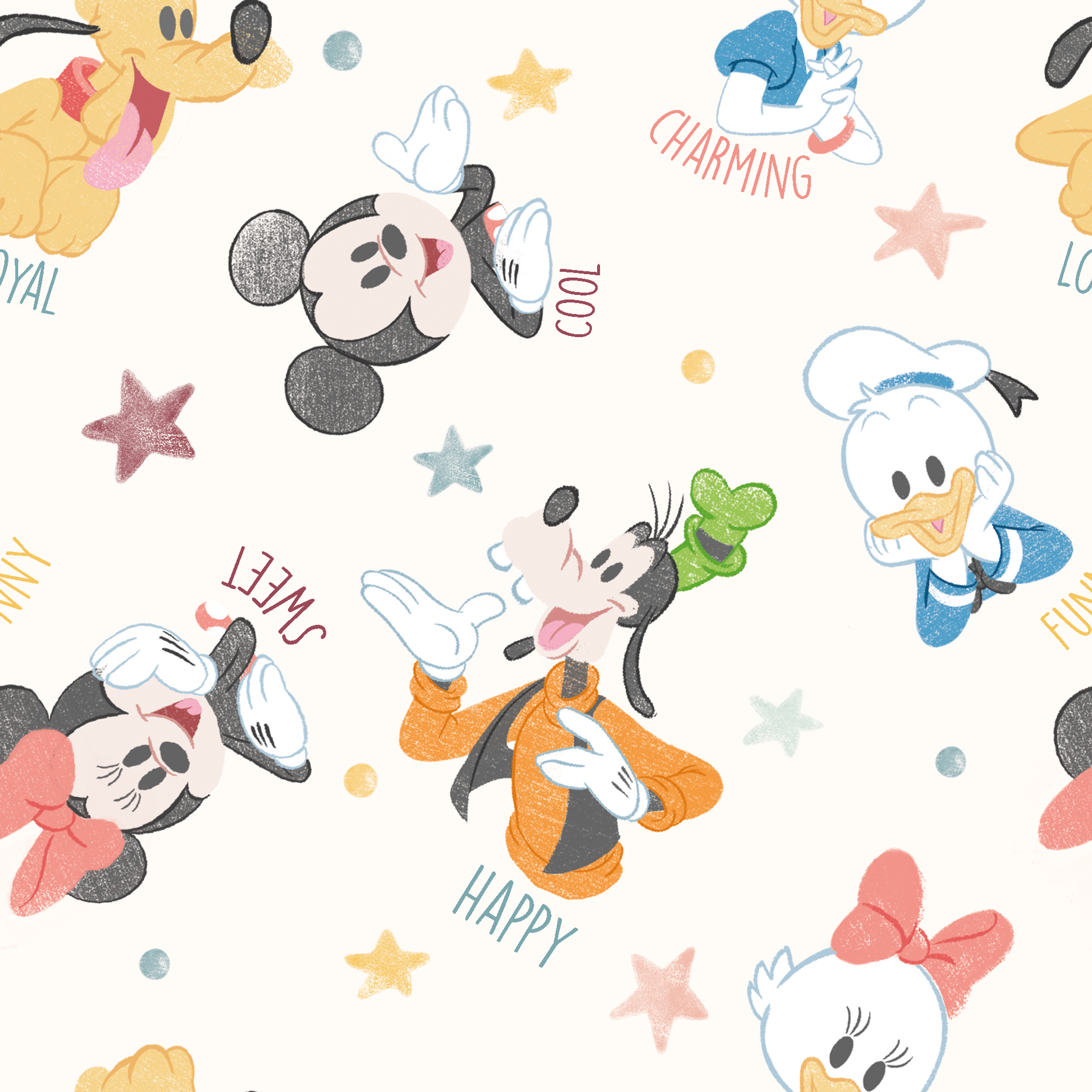 Colorful Disney character pattern with Mickey, Minnie, Donald, Pluto and stars on white background tiled preview square