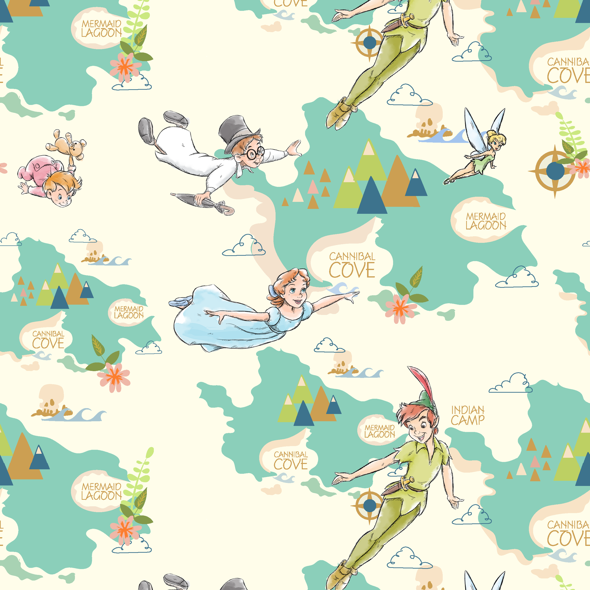 This is a whimsical Peter Pan themed pattern featuring characters flying through a turquoise sky with geometric mountains and text bubbles showing "Mermaid Cove" locations. tiled preview square