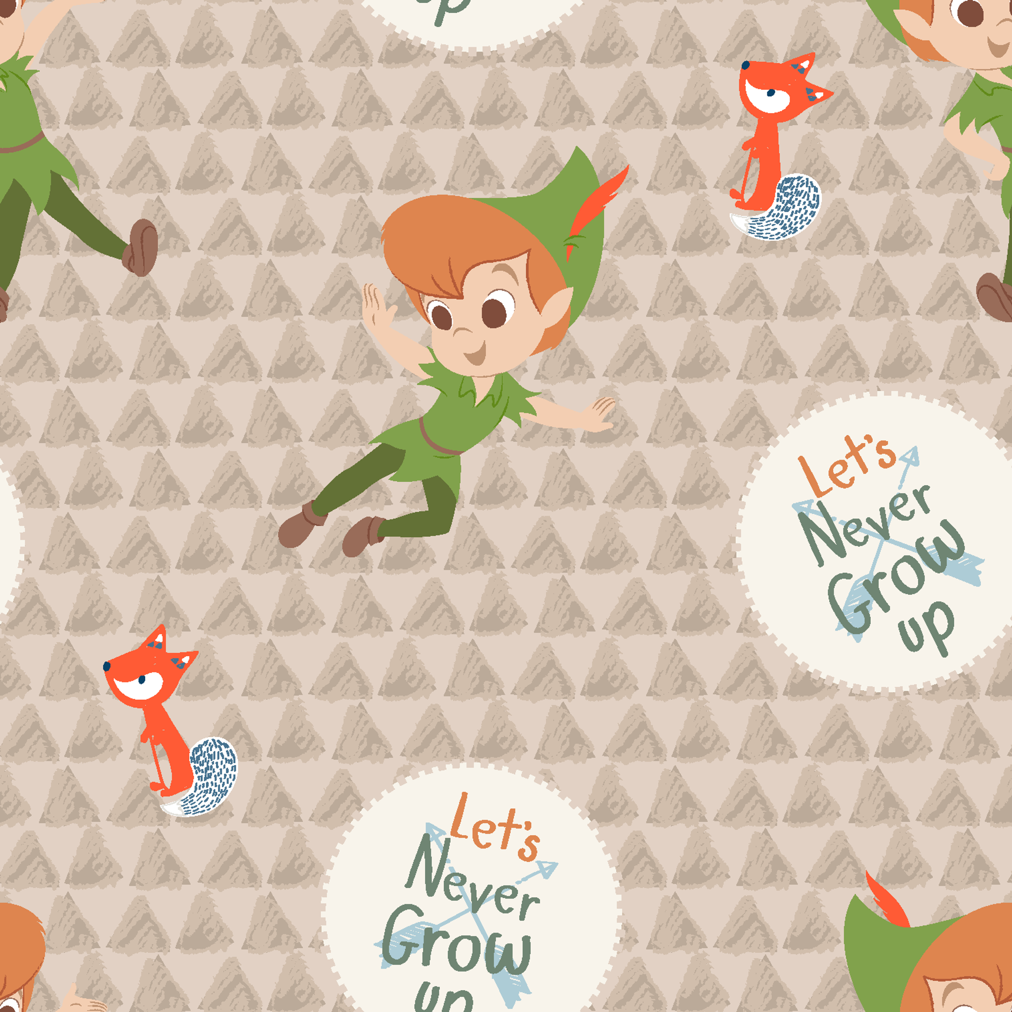 Cartoon pattern featuring Peter Pan character flying, orange foxes, and "Let's Never Grow Up" text on beige background tiled preview square