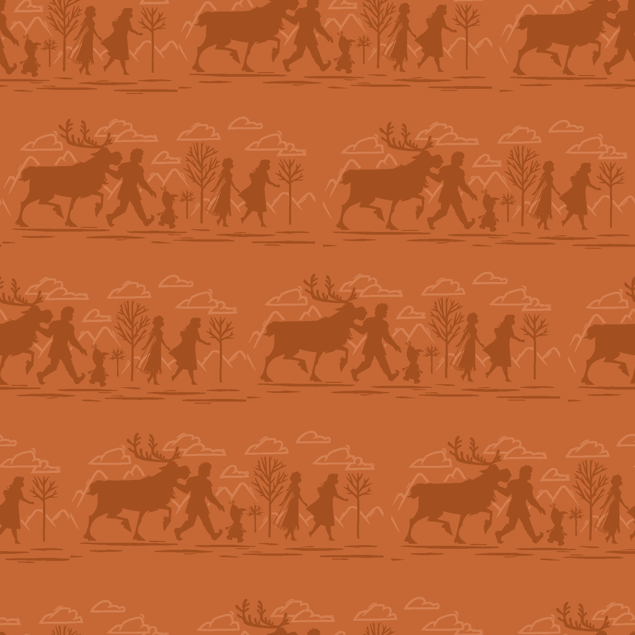 Repeating brown pattern with silhouettes of Frozen characters and trees in a rustic woodland scene tiled preview square