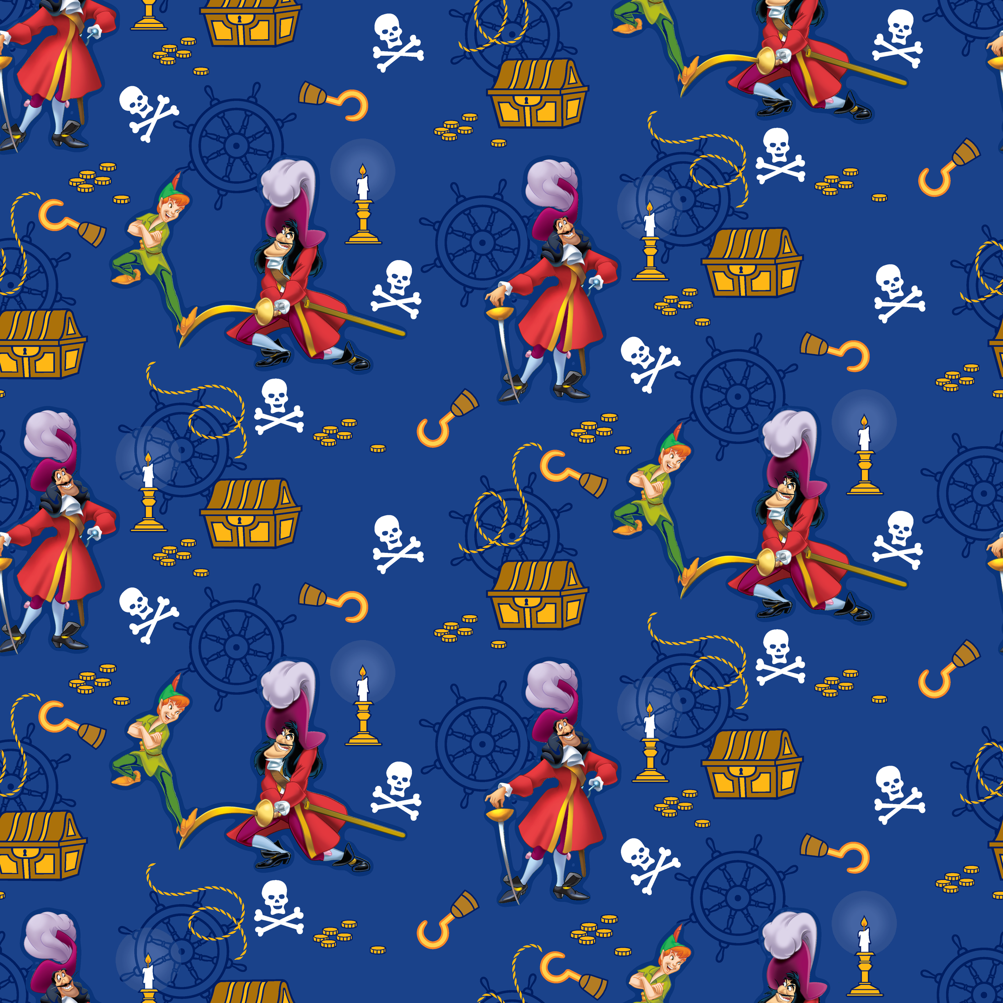 Pirate-themed pattern with captains, treasure chests, hooks, and skull symbols on blue background tiled preview square