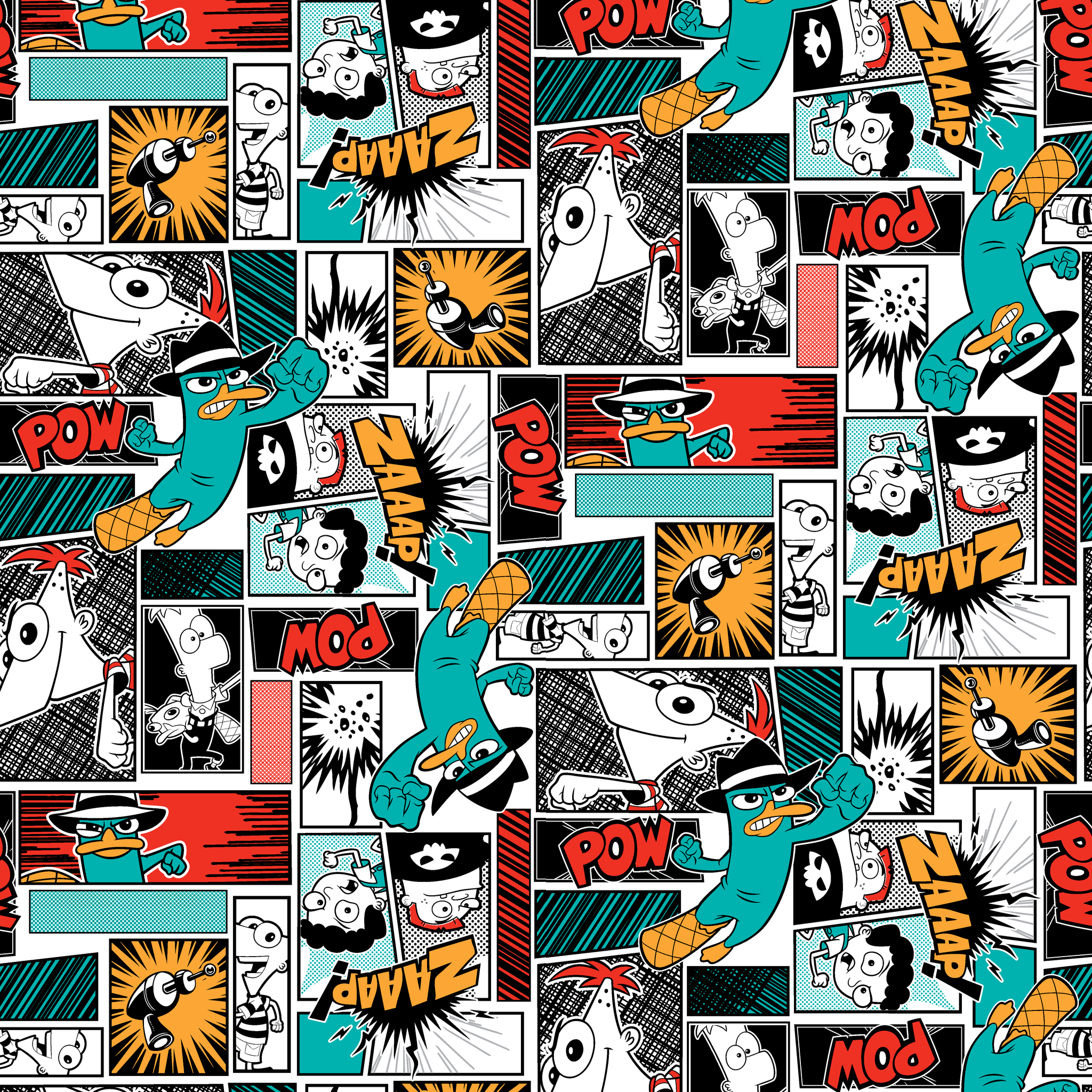 Comic book style pattern with colorful panels featuring sound effects like POW, BANG, and WHAM on red, blue, and black backgrounds tiled preview square