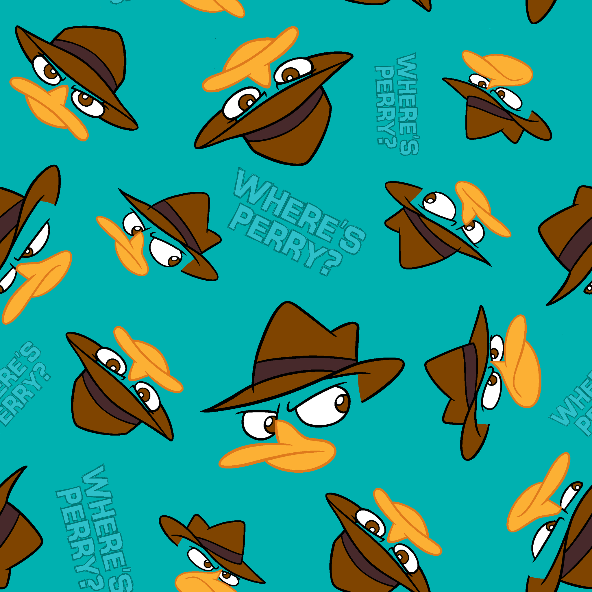 Pattern of cartoon character faces with brown fedora hats on teal background with "Where's Perry" text tiled preview square
