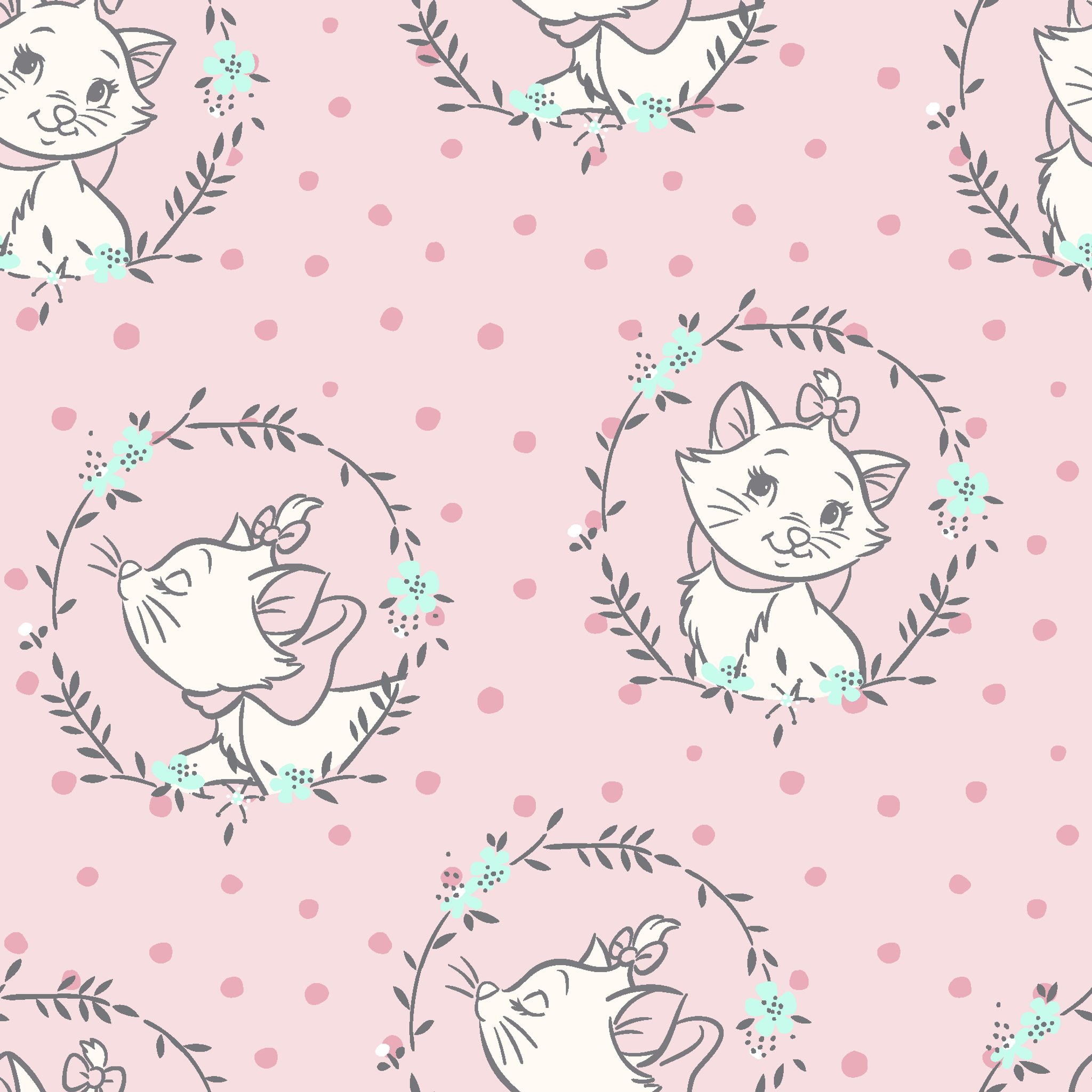 White cartoon cats in floral wreaths on pink polka dot background, seamless pattern tiled preview square