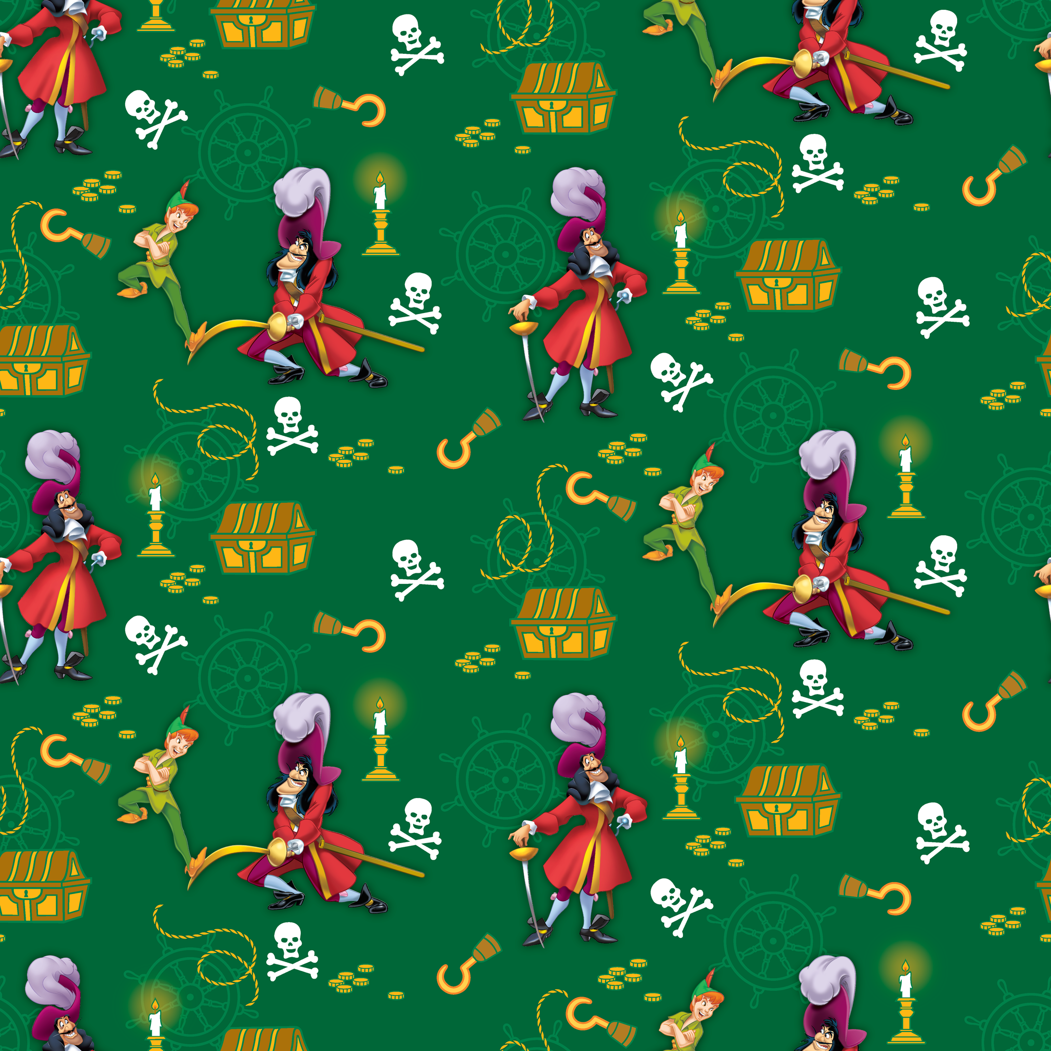 Peter Pan-themed pattern with Captain Hook, treasure chests, skulls, and golden hooks on green background. tiled preview square