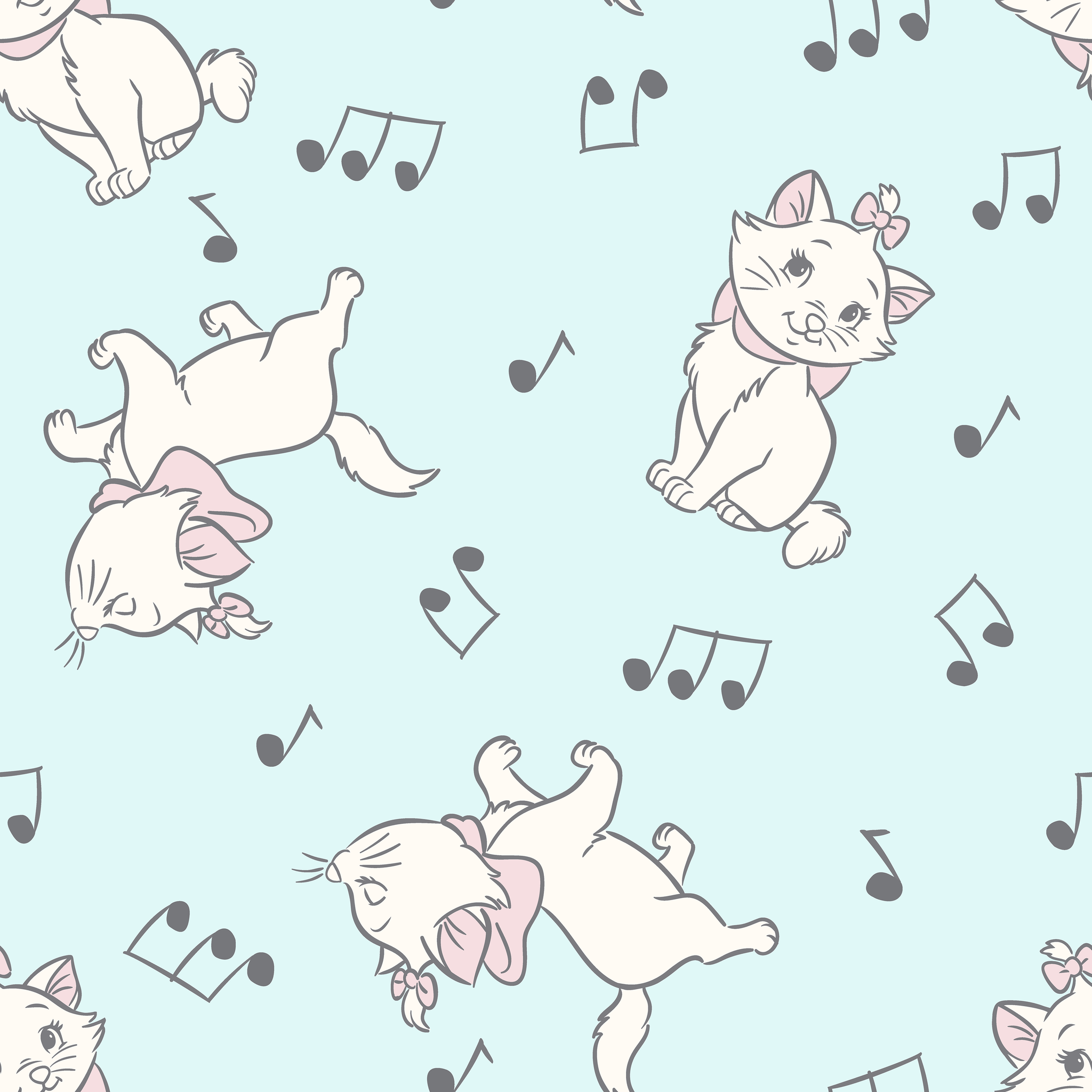 White kittens with pink bows playing among musical notes on a light mint background tiled preview square