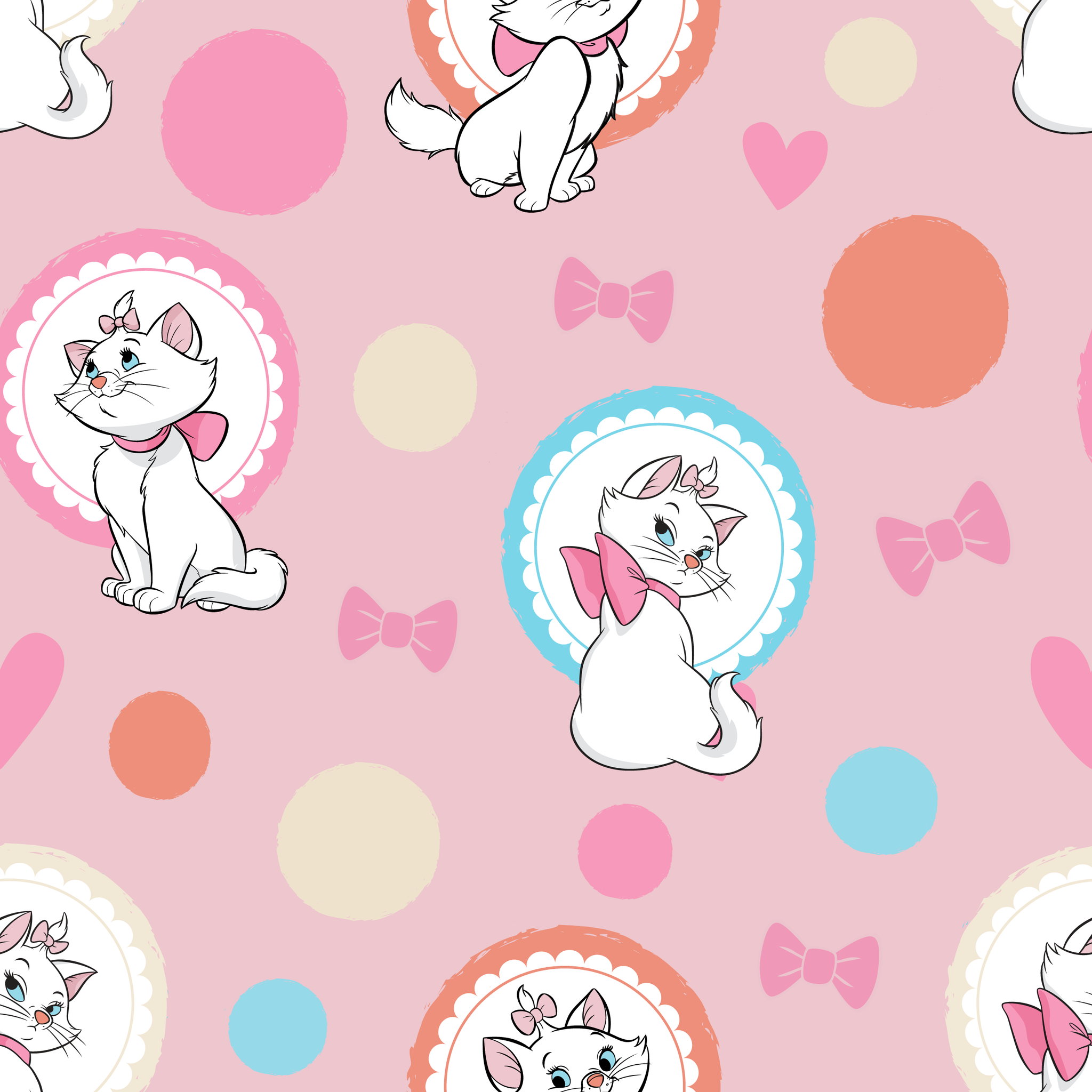 Marie from The Aristocats with pink bows in decorative circular frames on pink polka dot background with bow motifs tiled preview square