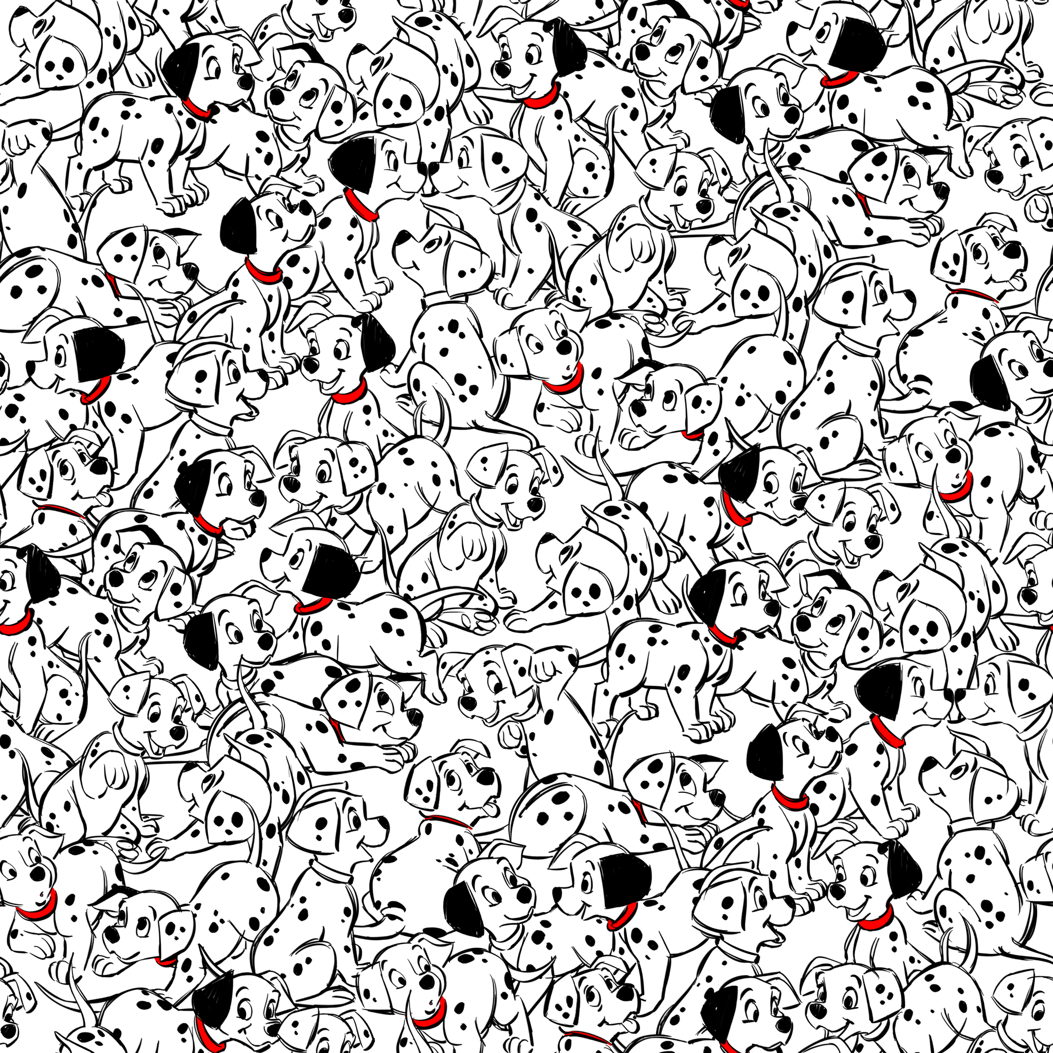 A densely packed pattern of Dalmatian puppies with black spots and red collars, creating a whimsical black and white illustration. tiled preview square