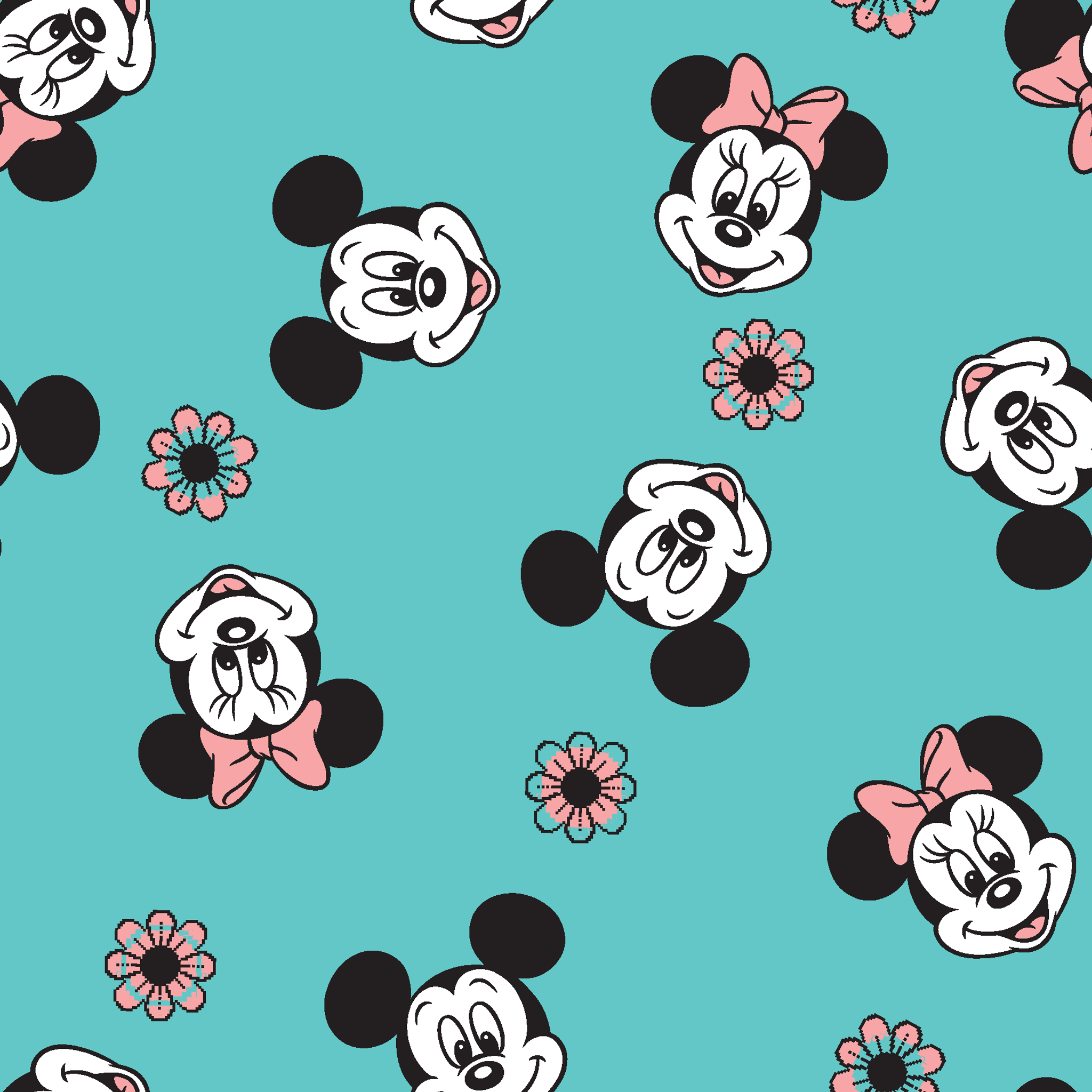 Mickey and Minnie Mouse cartoon faces scattered on turquoise background with small flowers tiled preview square
