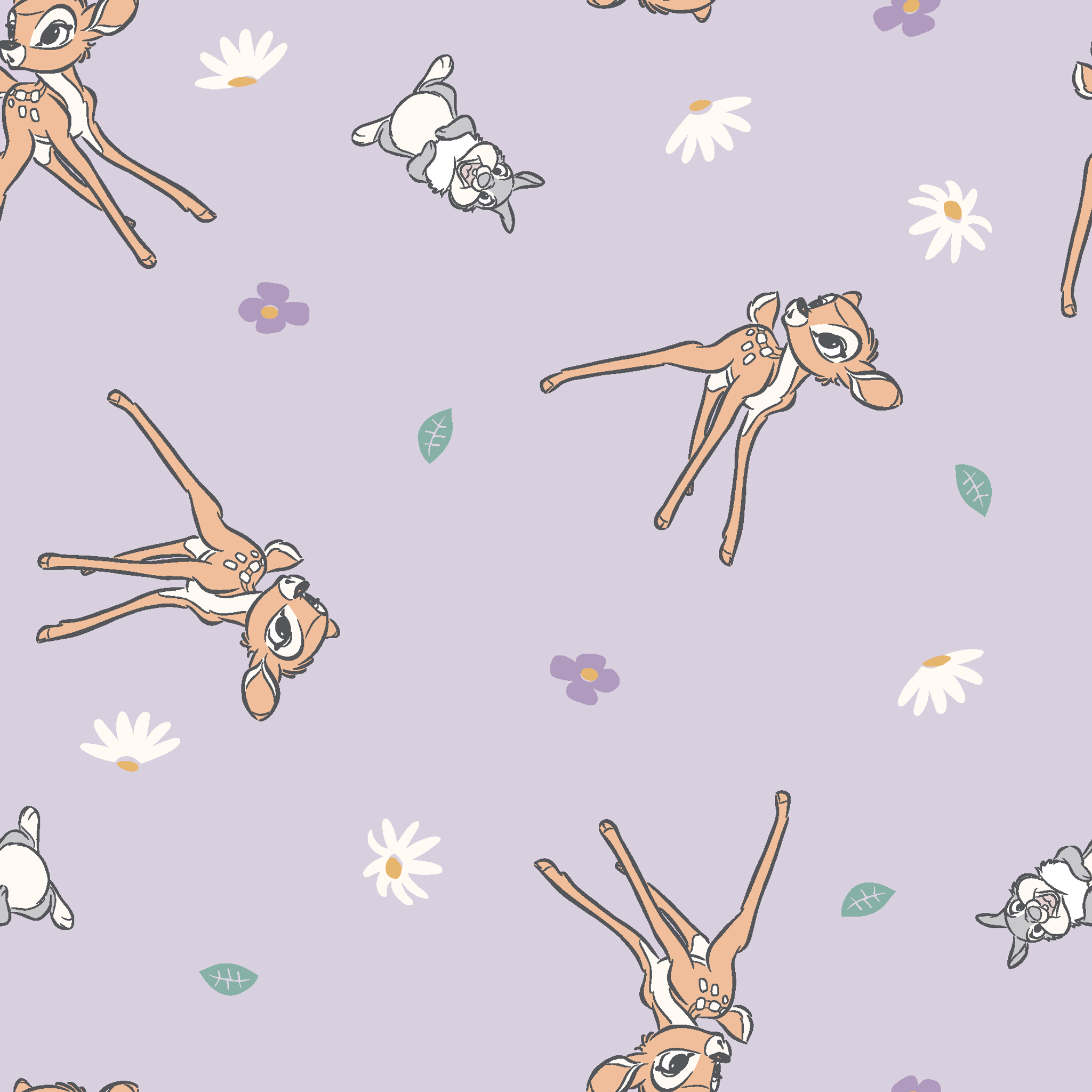 Seamless pattern of cartoon deer and bunnies with daisies and small flowers on lavender background tiled preview square
