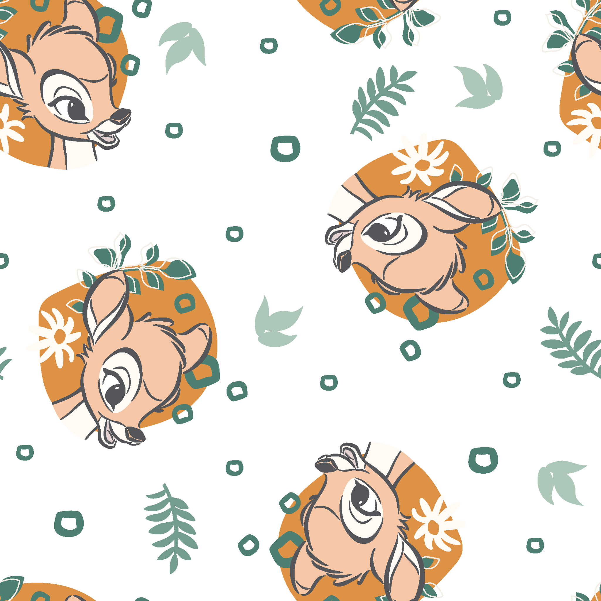 Disney’s Bambi illustrated in golden-orange floral medallions with green leaves and scattered geometric accents on a white background. tiled preview square
