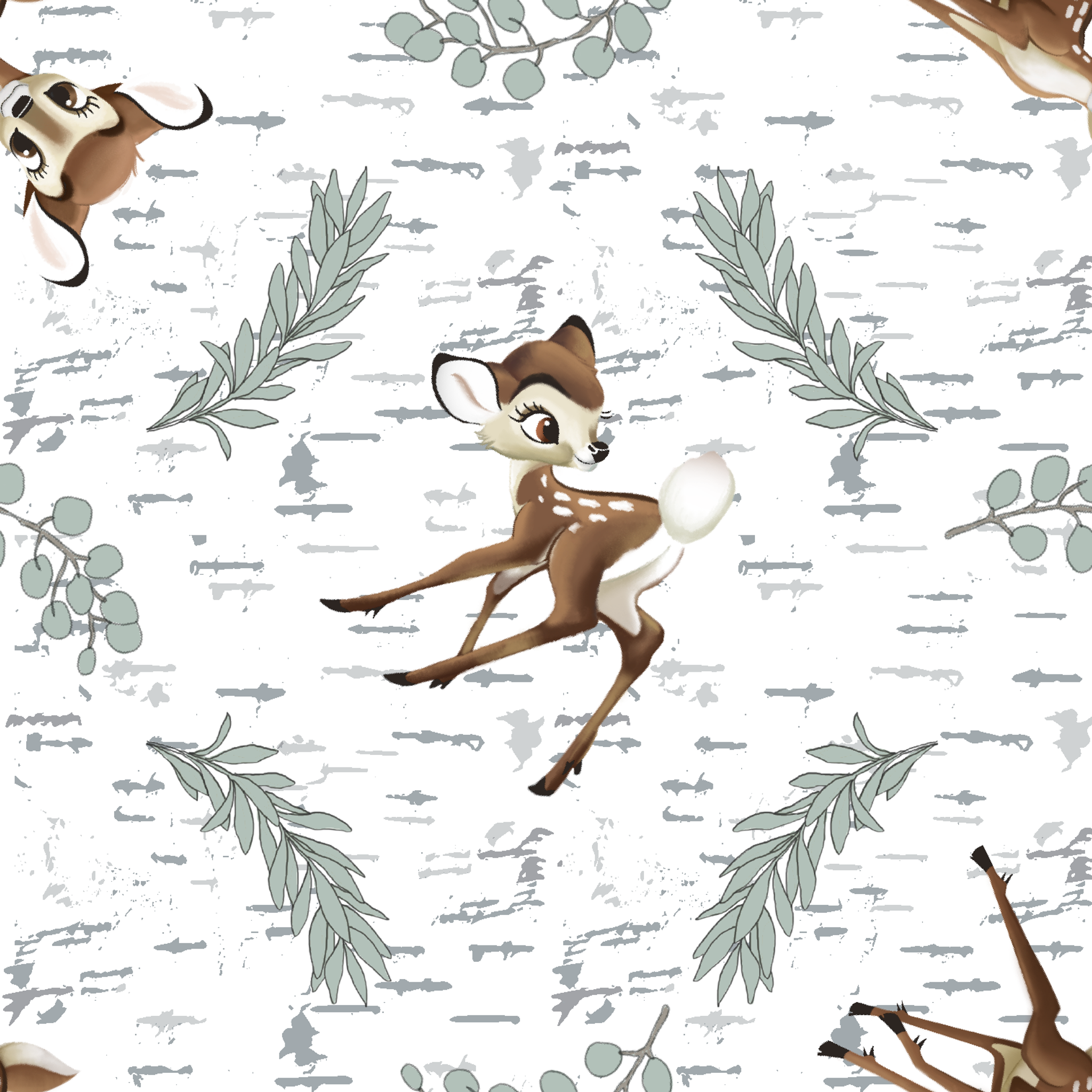 Disney’s Bambi surrounded by sage green sprigs, leafy branches, and birch bark textures on a white background in a woodland-themed scattered repeat. tiled preview square