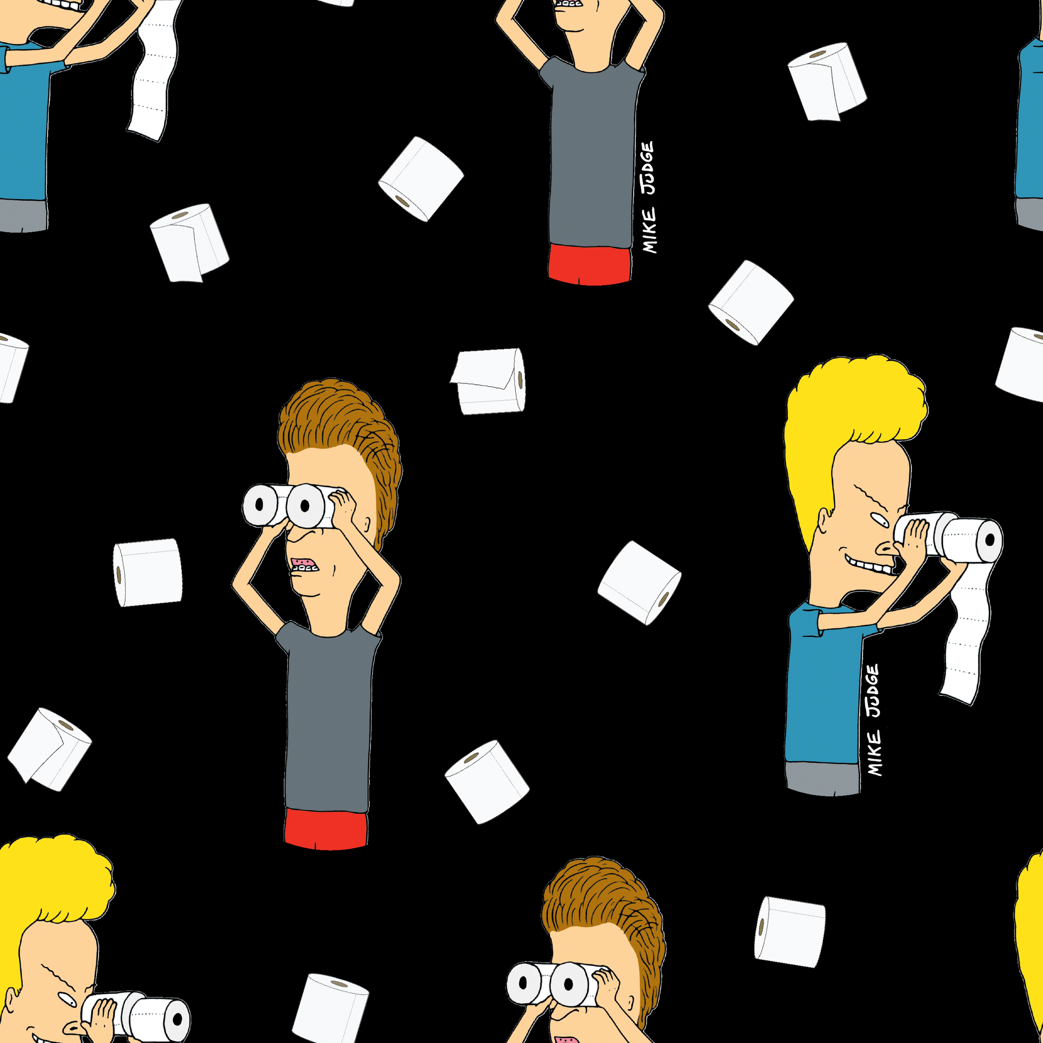 Cartoon characters with exaggerated features on black background with white squares scattered throughout the pattern tiled preview square