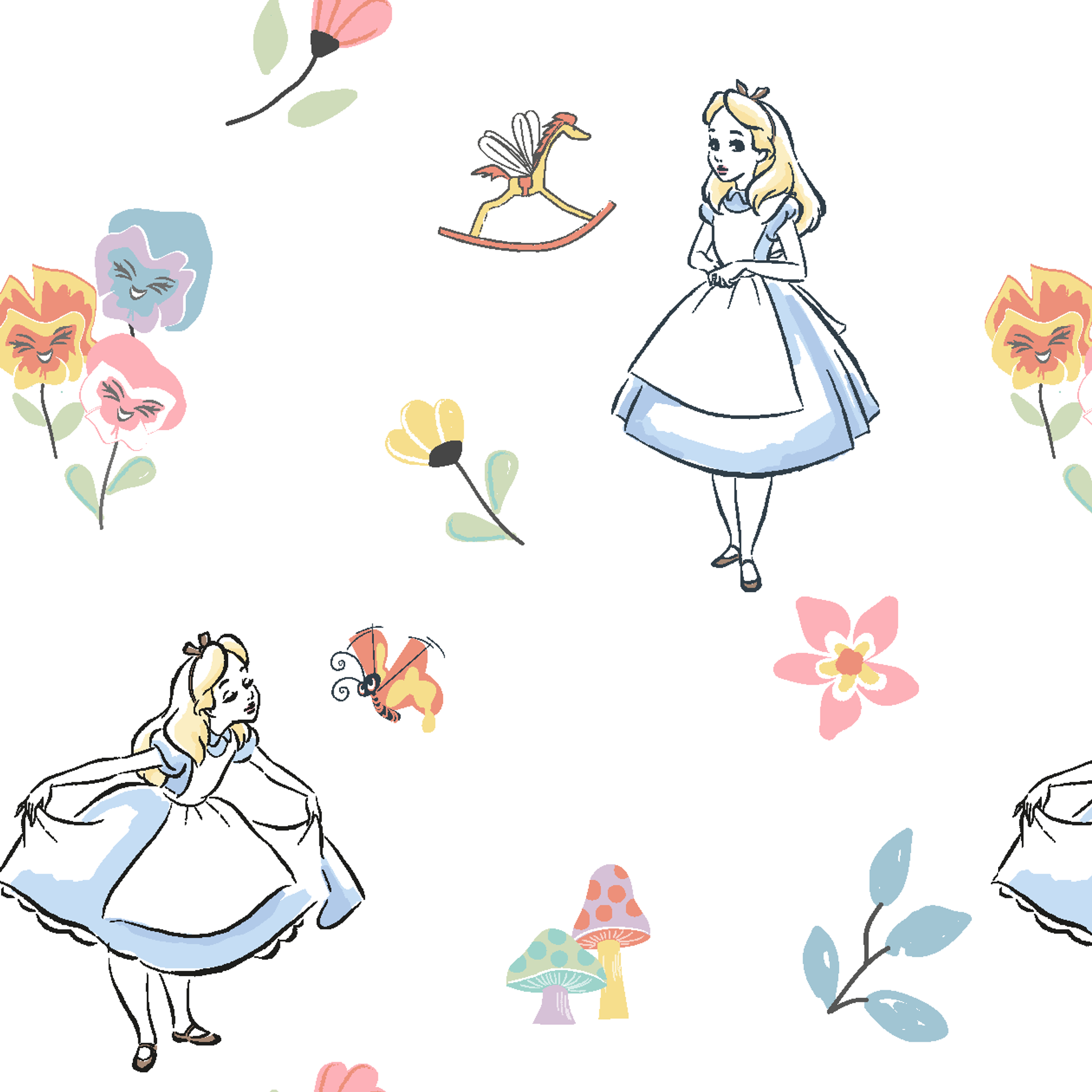 Whimsical pattern featuring character in blue dress with flowers, mushrooms, and rocking horse tiled preview square