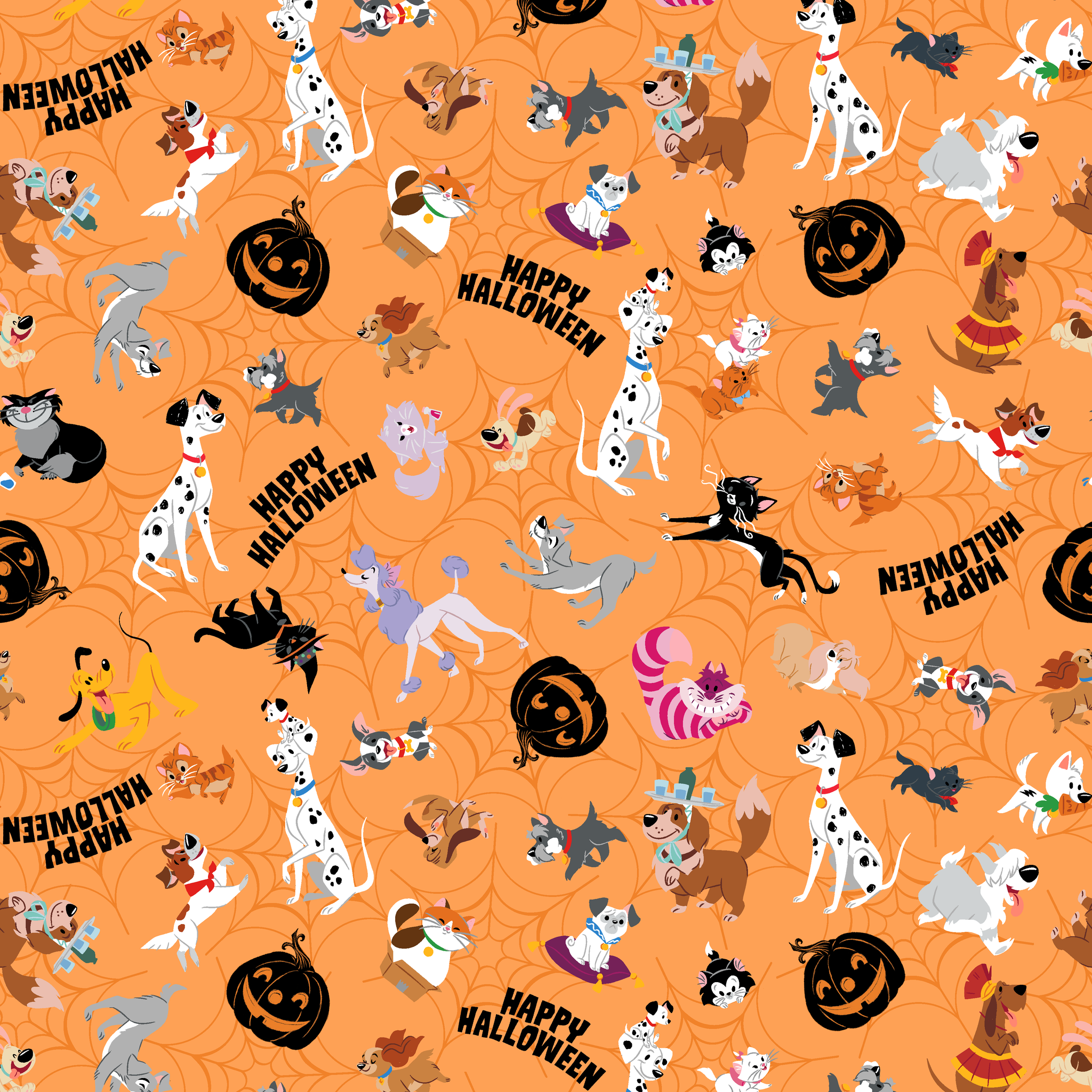 Cartoon dogs in Halloween pattern with pumpkins and "Happy Halloween" text on orange background tiled preview square