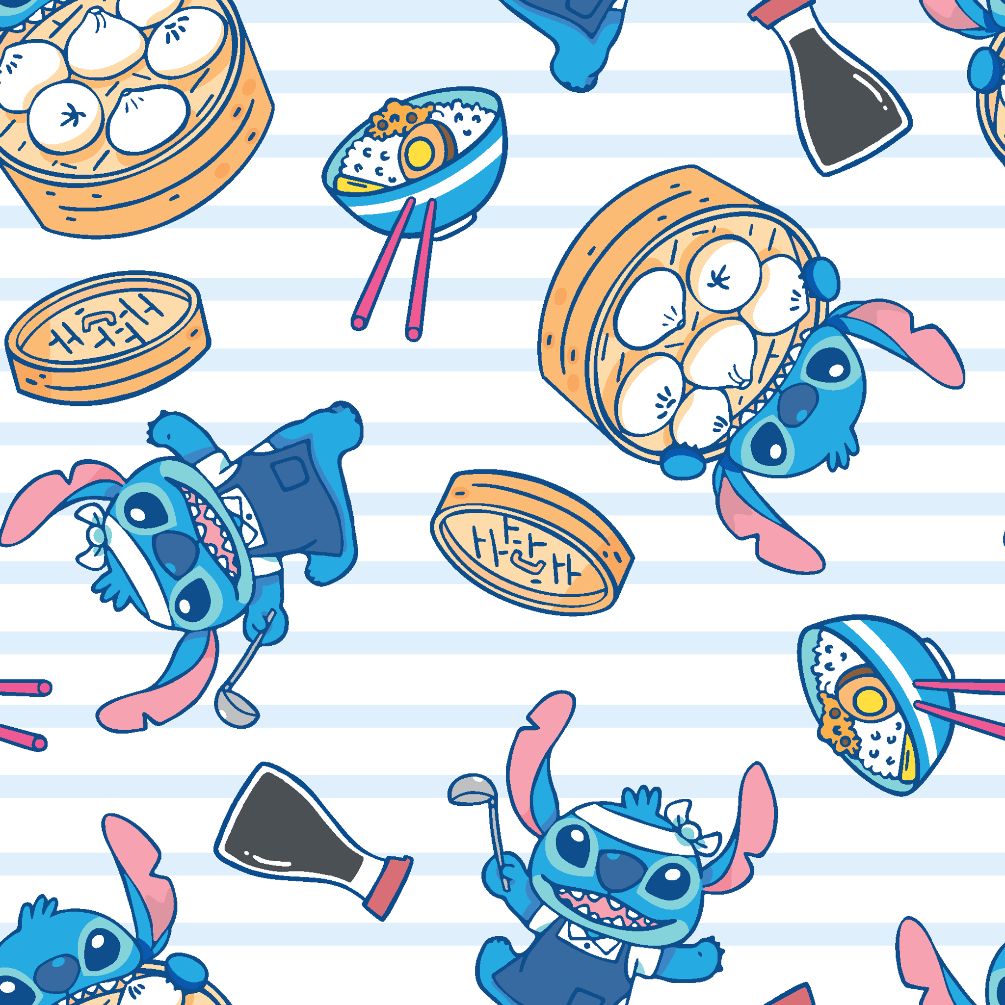 Cartoon Stitch with Chinese dim sum and dumplings on light blue striped background tiled preview square