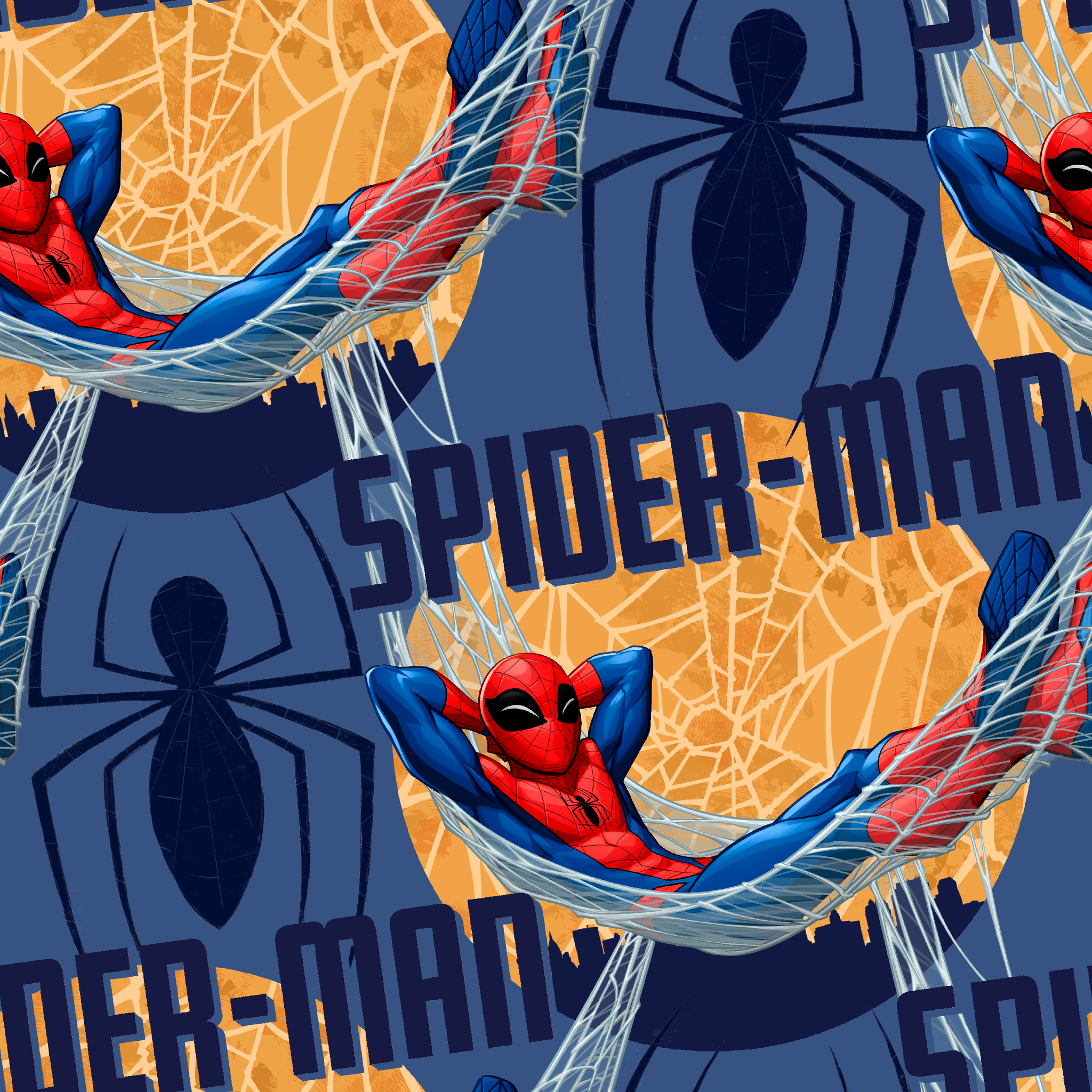 Spider-Man pattern with cartoon superhero in red and blue swinging on webbing against navy and gold background tiled preview square