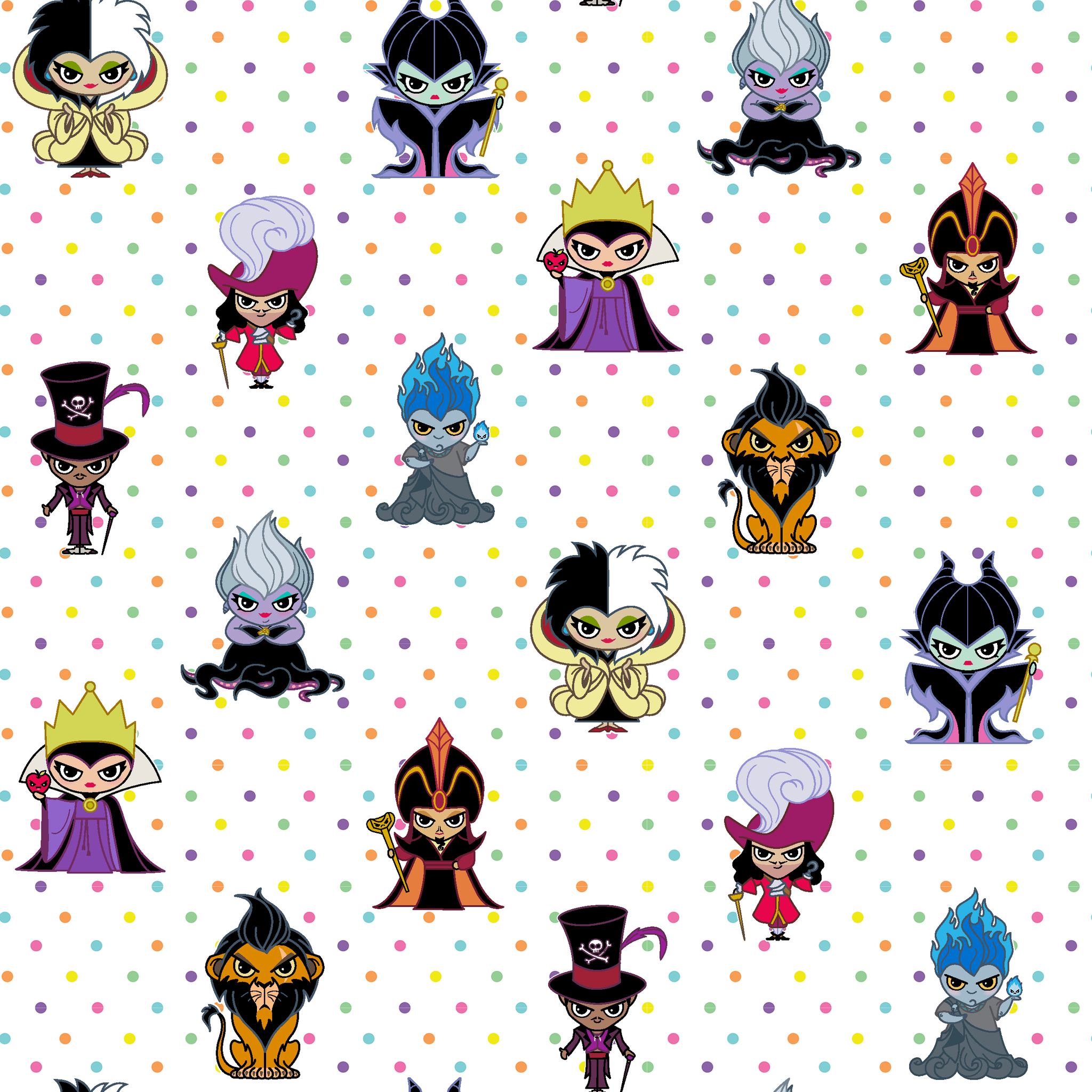 Cartoon Disney villain characters in chibi style scattered on polka dot background, including figures with crowns, capes, and distinctive colorful designs tiled preview square