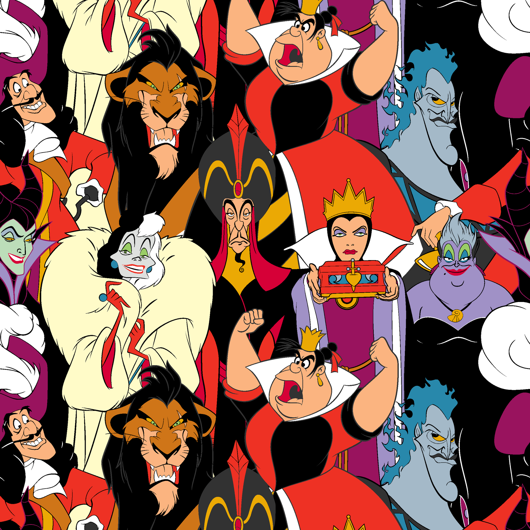 Disney villains collage featuring colorful animated characters with distinct evil expressions and iconic costumes. tiled preview square