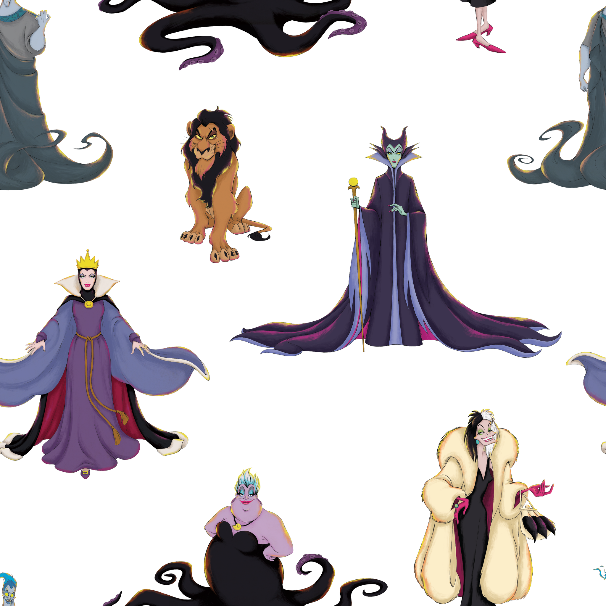 Disney villains pattern with Evil Queen, Scar, Maleficent, Ursula, and Cruella on white background tiled preview square