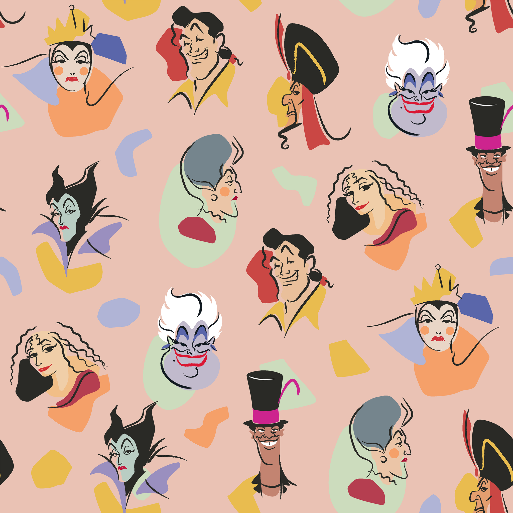 Colorful pattern of Disney villains including Evil Queen, Gaston, Jafar, Ursula, and Maleficent on pink background tiled preview square