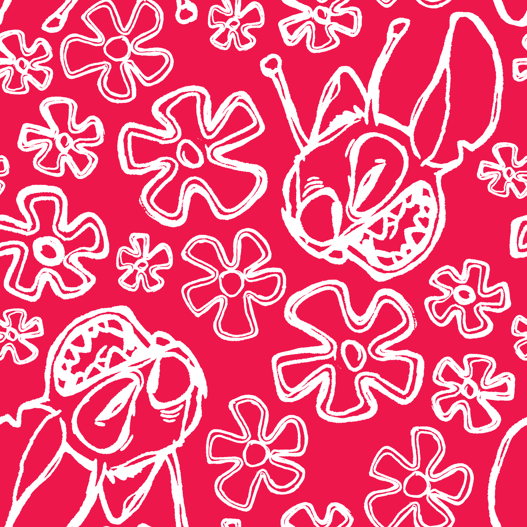 White flower doodles and Disney's Stitch on bright red background, hand-drawn style pattern tiled preview square