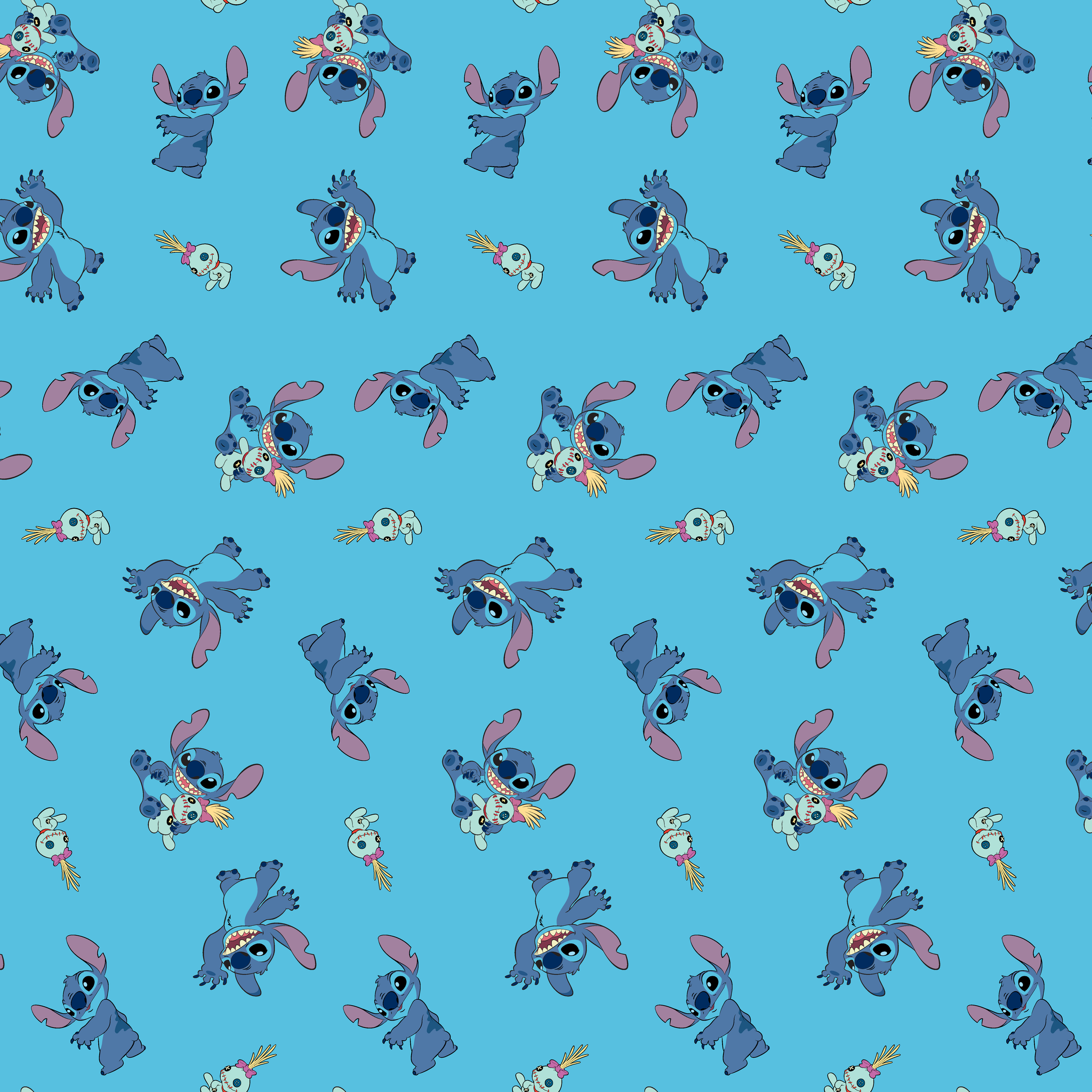 Disney’s Stitch and Scrump in various playful poses scattered across a light blue background with small tropical flowers. tiled preview square