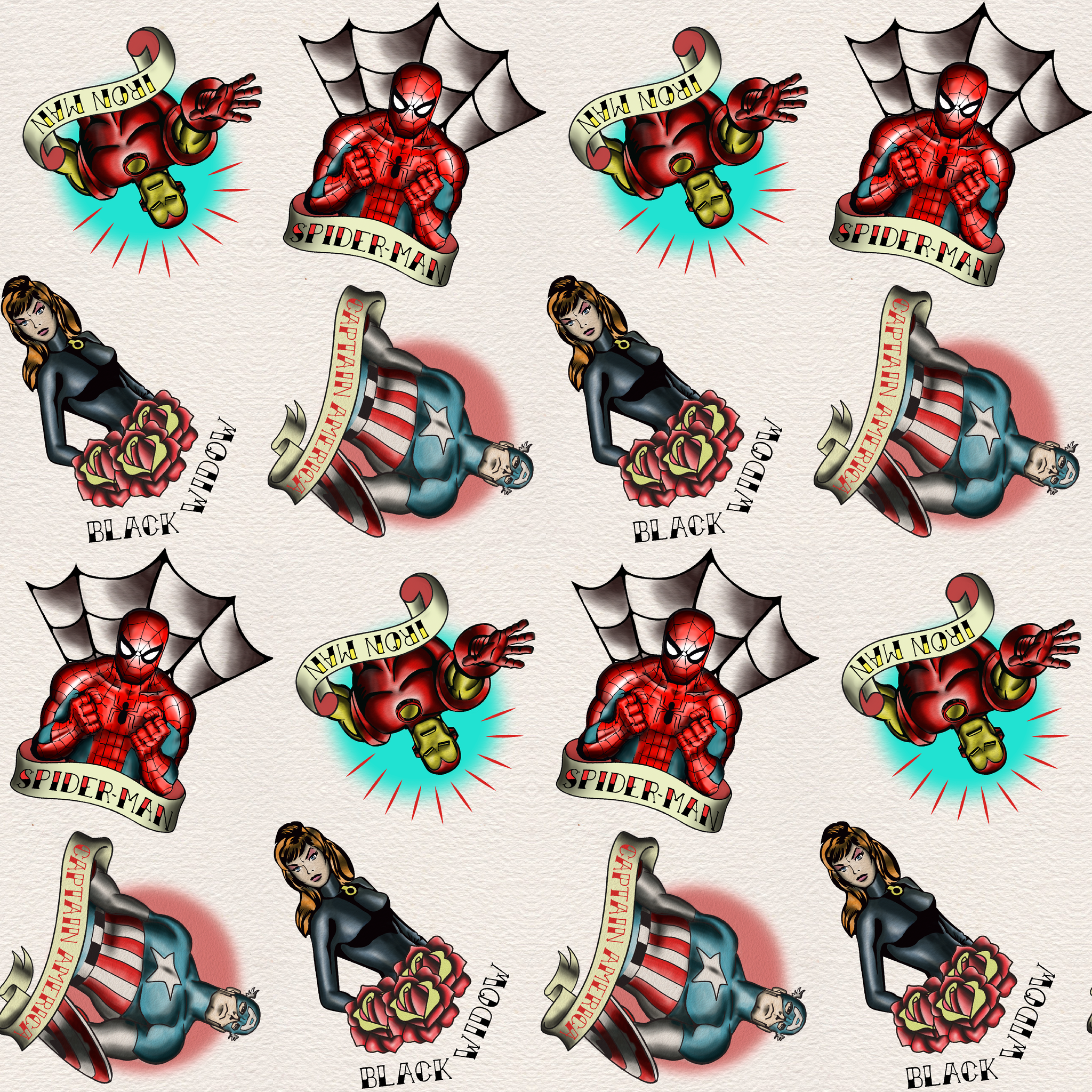 Traditional tattoo flash art designs featuring black panthers, hearts with daggers, spider webs, and colorful elements on cream background tiled preview square