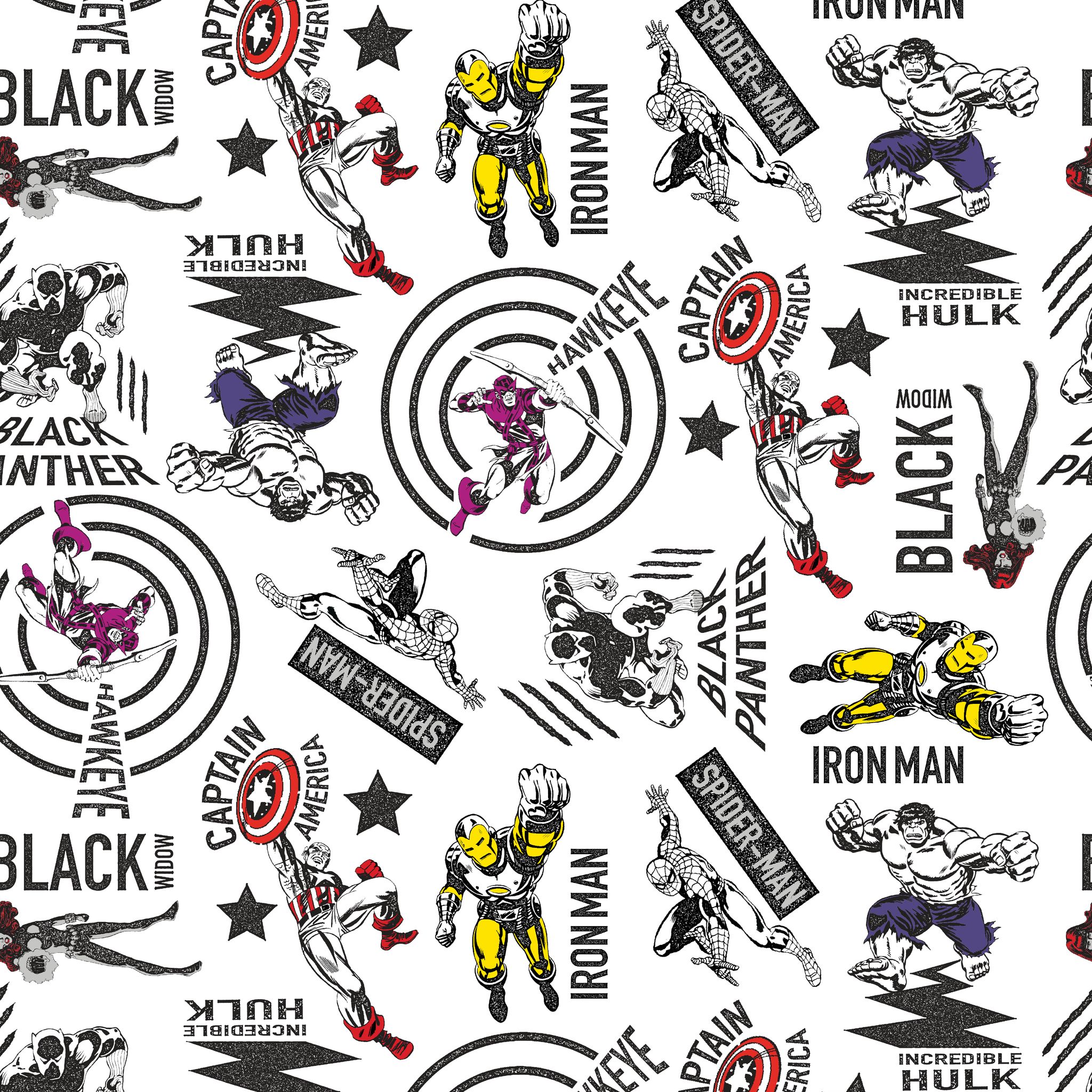 Marvel superheroes pattern with Iron Man, Captain America, Hulk, and Black Panther on white background tiled preview square