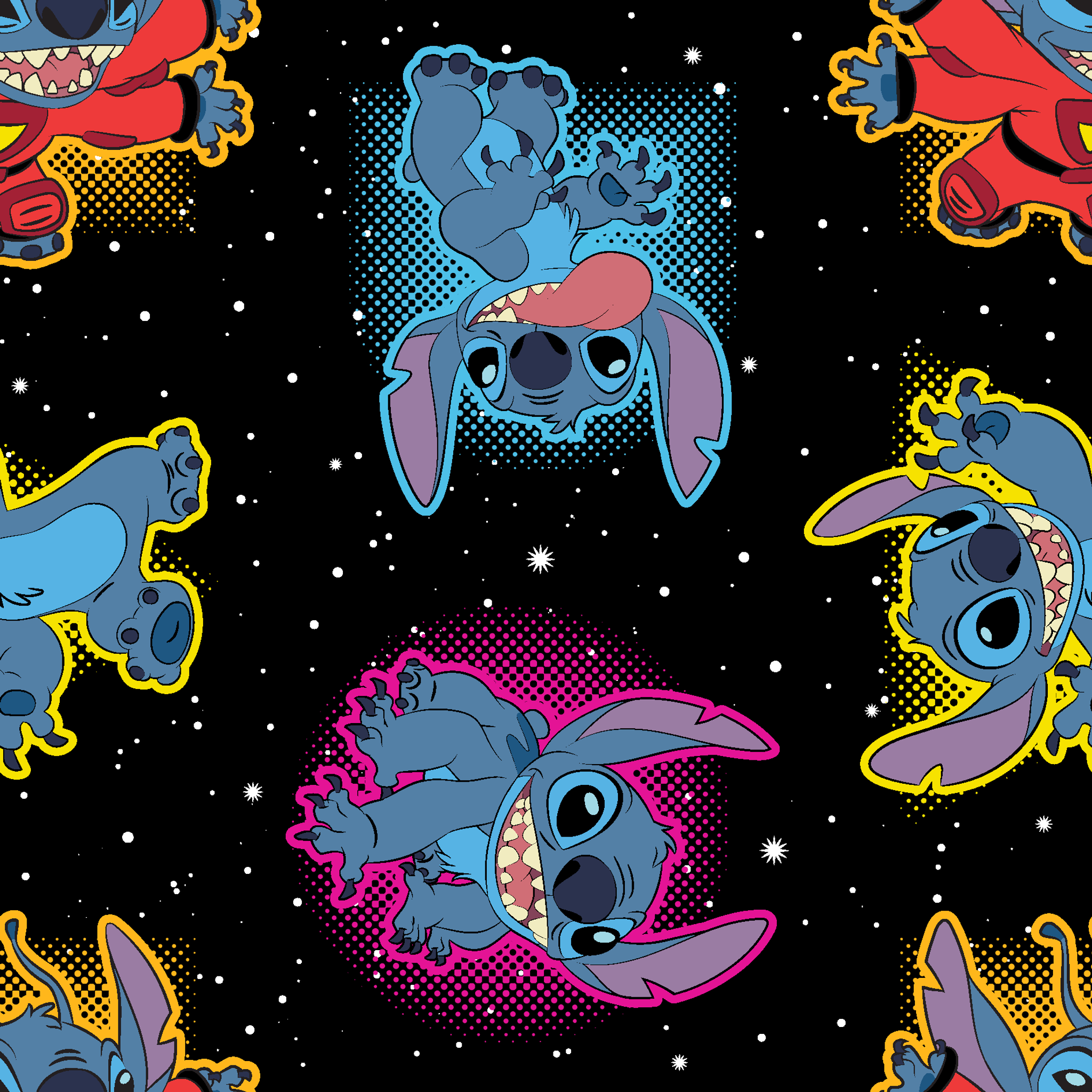 Colorful Stitch with pink accents on black starry background pattern tiled preview square