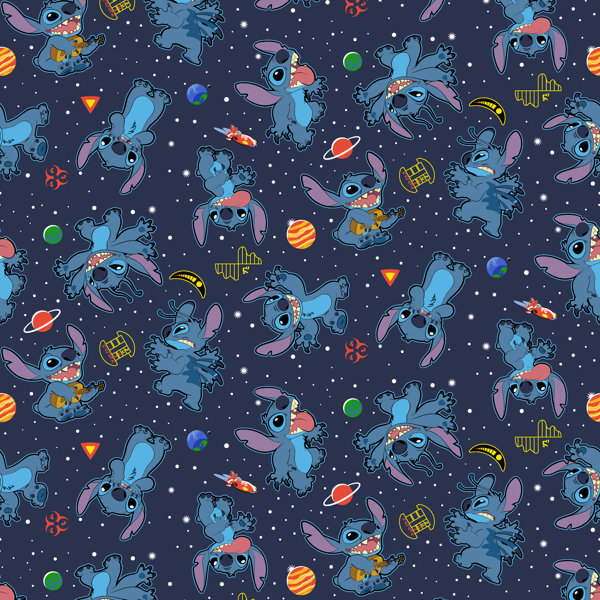 Disney's Stitch floating in space with planets, stars, and spaceships on dark background pattern tiled preview square