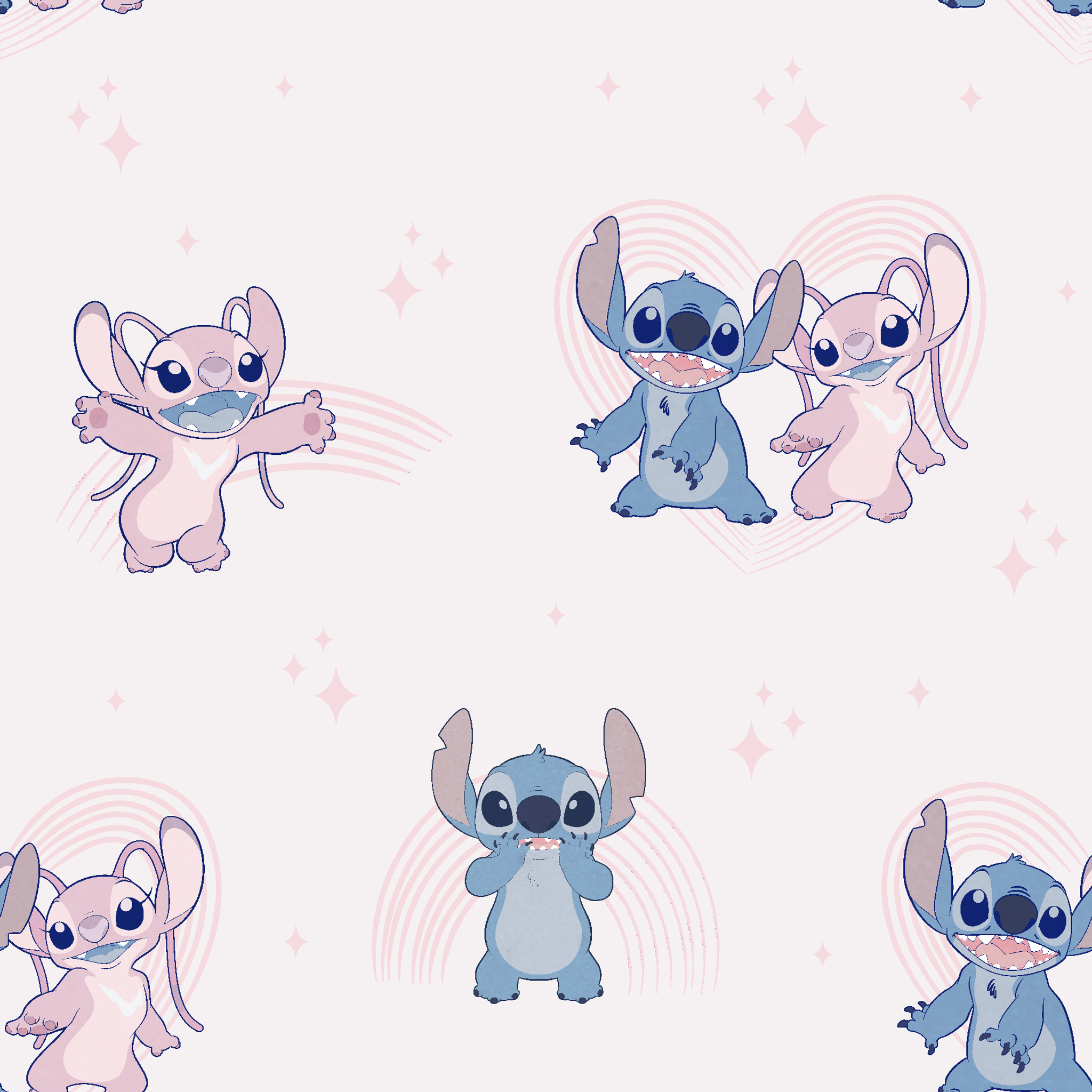 Cartoon pattern of blue and pink Stitch characters from Lilo & Stitch with playful poses on pale background tiled preview square