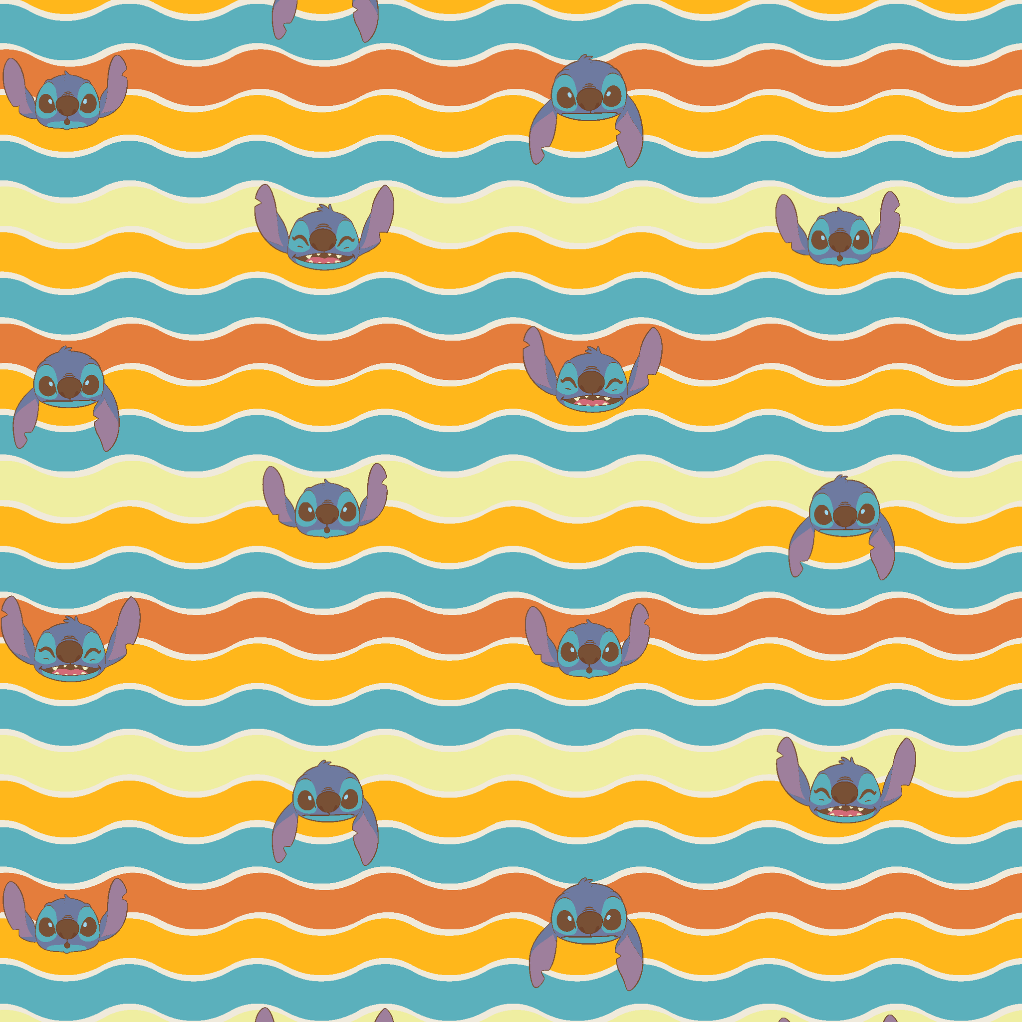 Colorful wavy striped pattern with Stitch peeking between orange, yellow, and teal waves tiled preview square