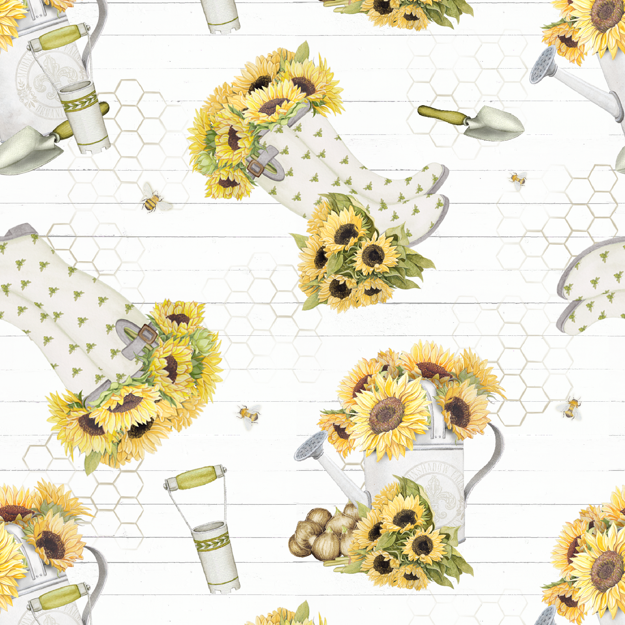Sunflower-filled watering cans with bees, trowels, and garden tools on a white shiplap and honeycomb background. Designed by Nicole Tamarin. tiled preview square
