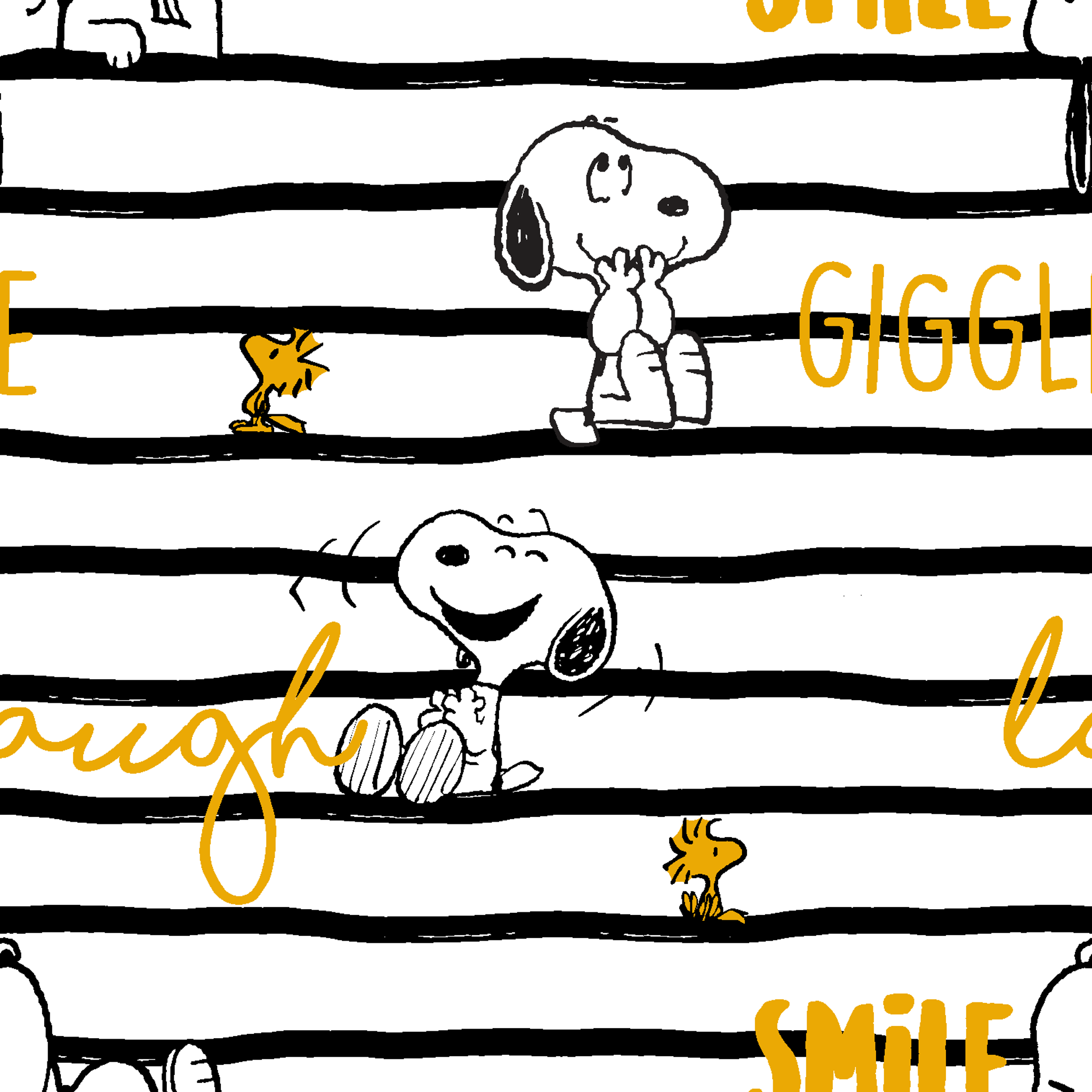 Black and white striped pattern with Snoopy and Woodstock, yellow text saying "giggle," "laugh," "smile tiled preview square