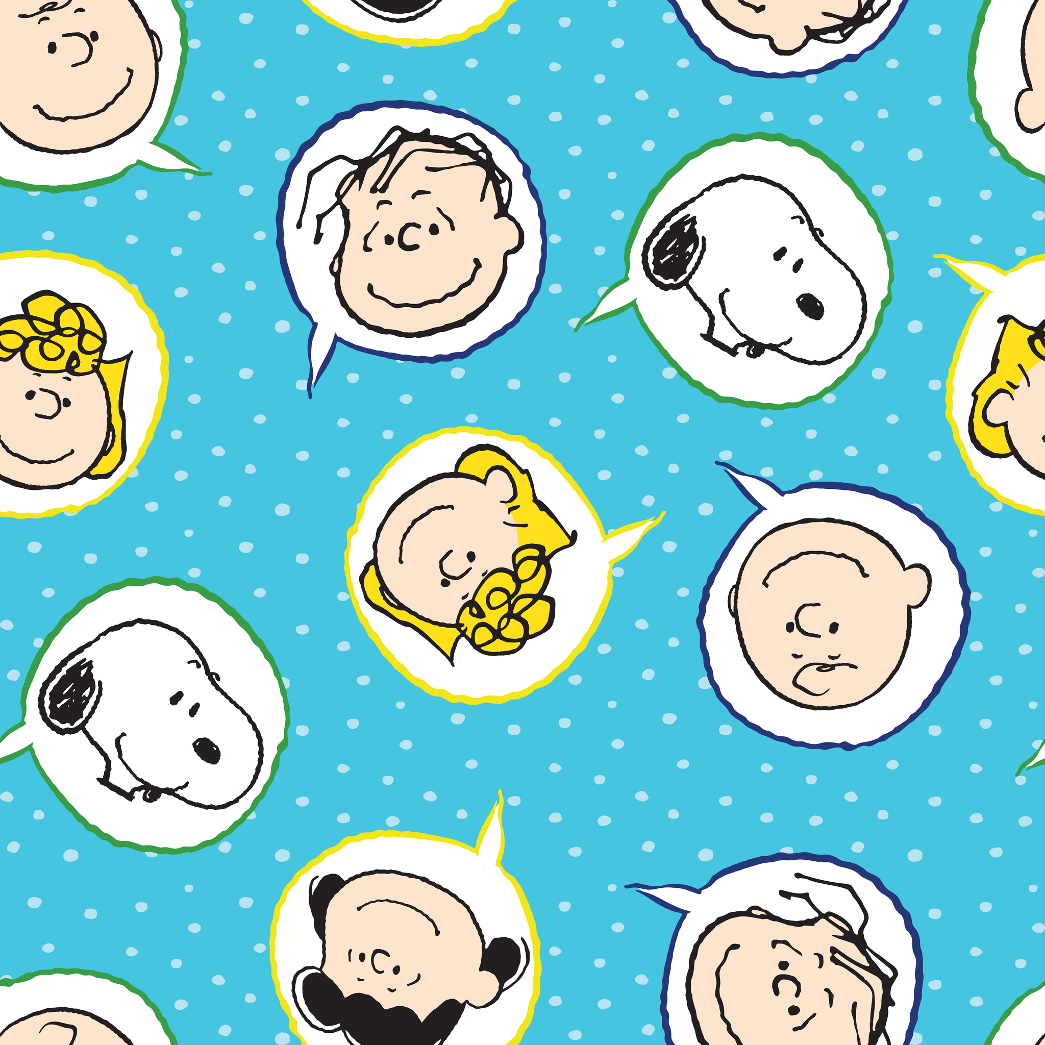 Peanuts characters pattern with Snoopy and other cartoon faces in circles on blue background tiled preview square