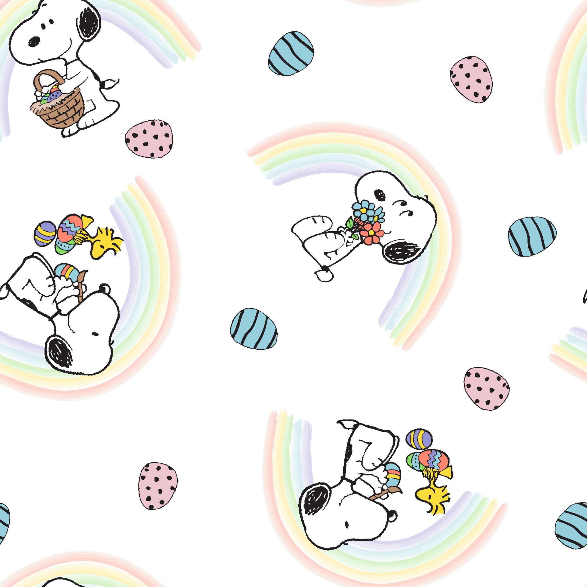 Snoopy pattern with Easter eggs, rainbows, and Woodstock, featuring Snoopy holding flowers and baskets tiled preview square
