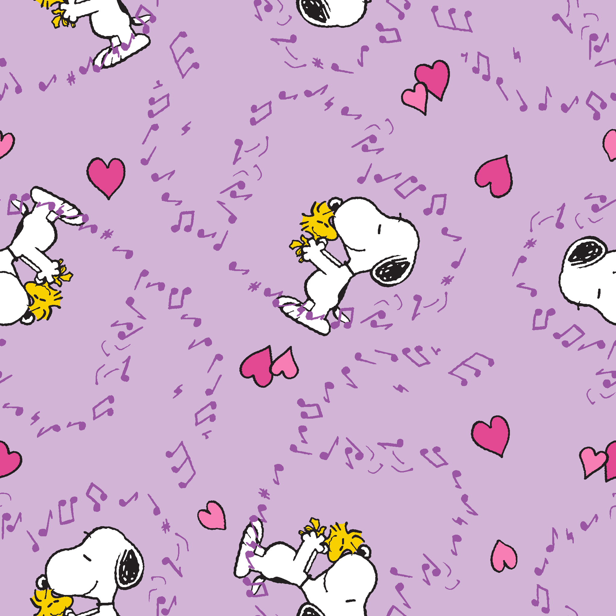 Snoopy and Woodstock on purple background with pink hearts and music notes tiled preview square