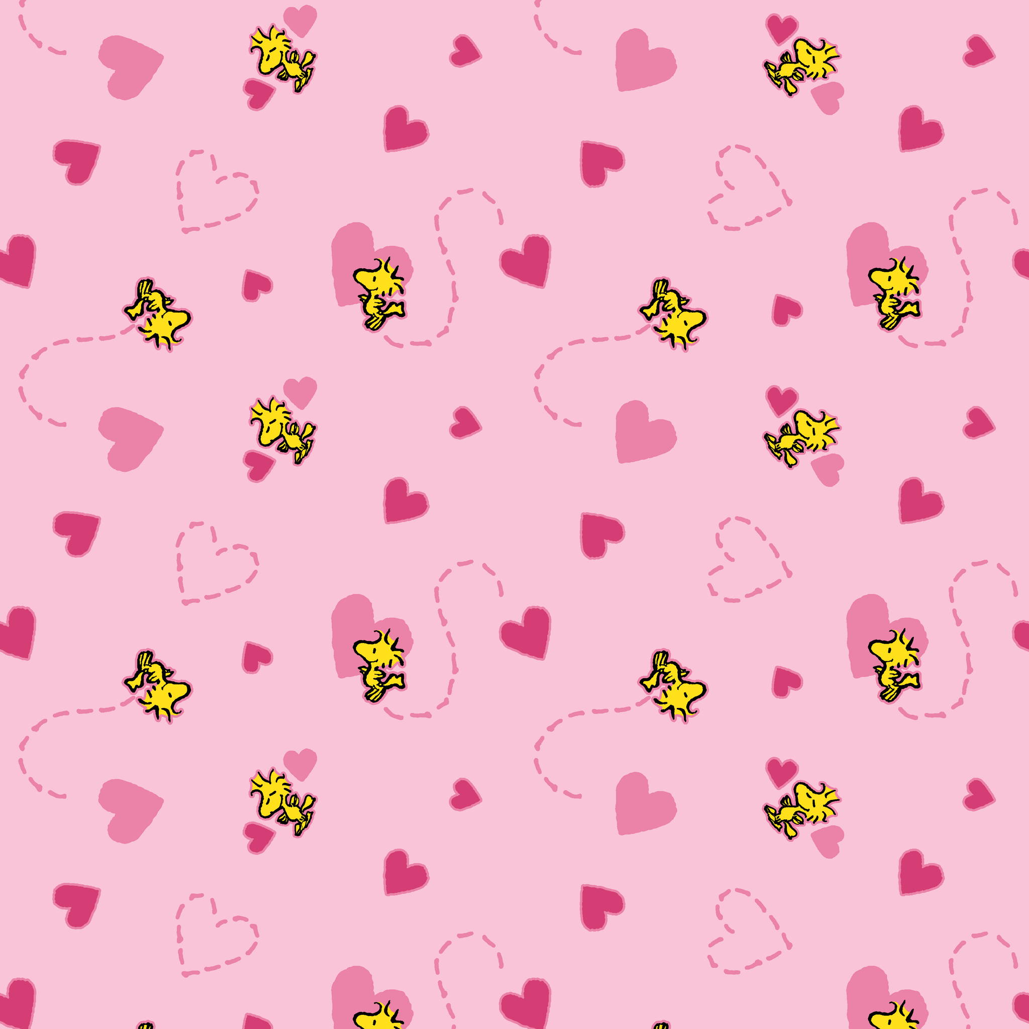 Pink background with hearts and Woodstock pattern, dotted heart outlines and solid pink hearts scattered throughout. tiled preview square