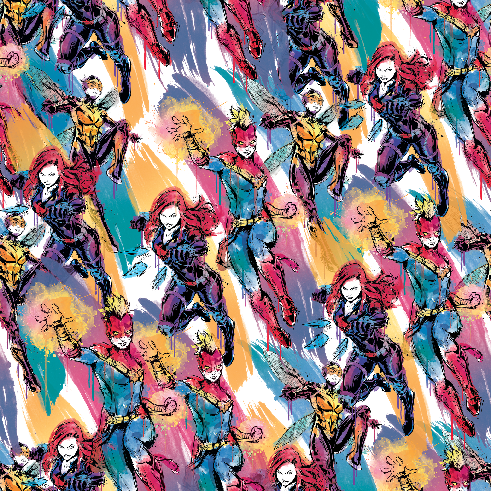 Colorful comic book superhero pattern with characters in dynamic poses against abstract brushstroke background tiled preview square